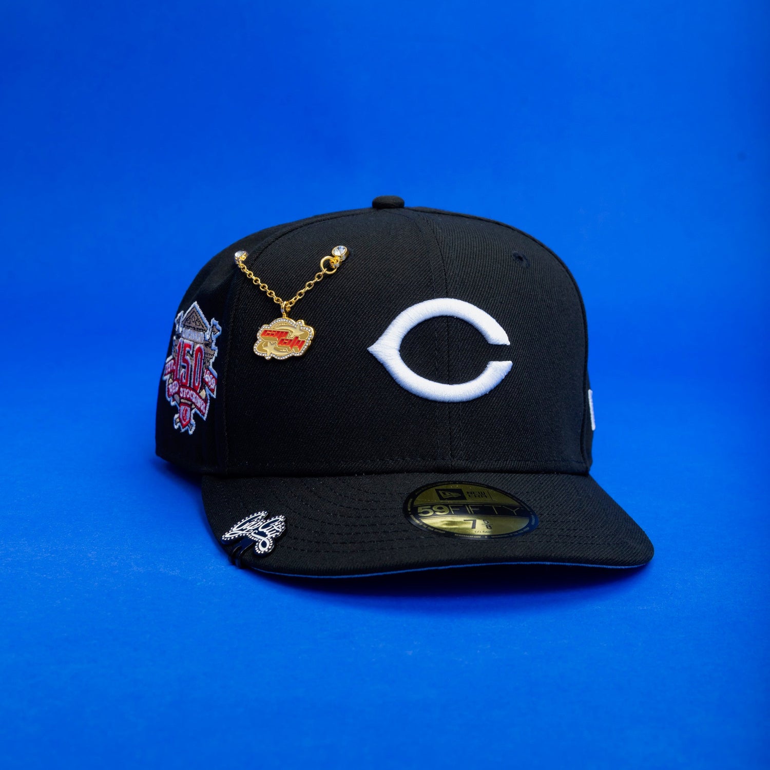 NEW ERA EXCLUSIVE 59FIFTY BLACK CINCINNATI REDS W/ 150TH ANNIVERSARY SIDE PATCH