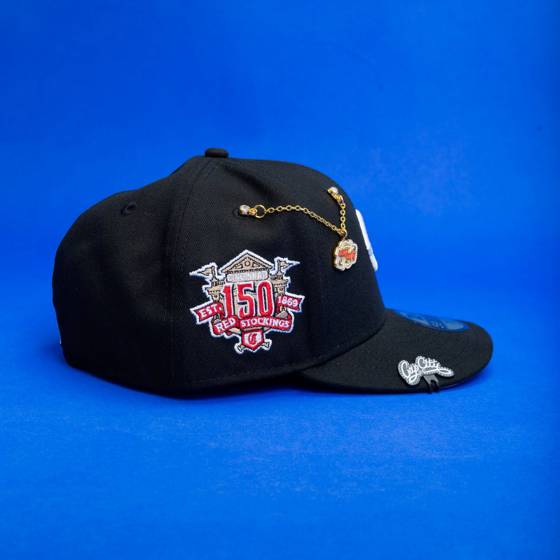 NEW ERA EXCLUSIVE 59FIFTY BLACK CINCINNATI REDS W/ 150TH ANNIVERSARY SIDE PATCH