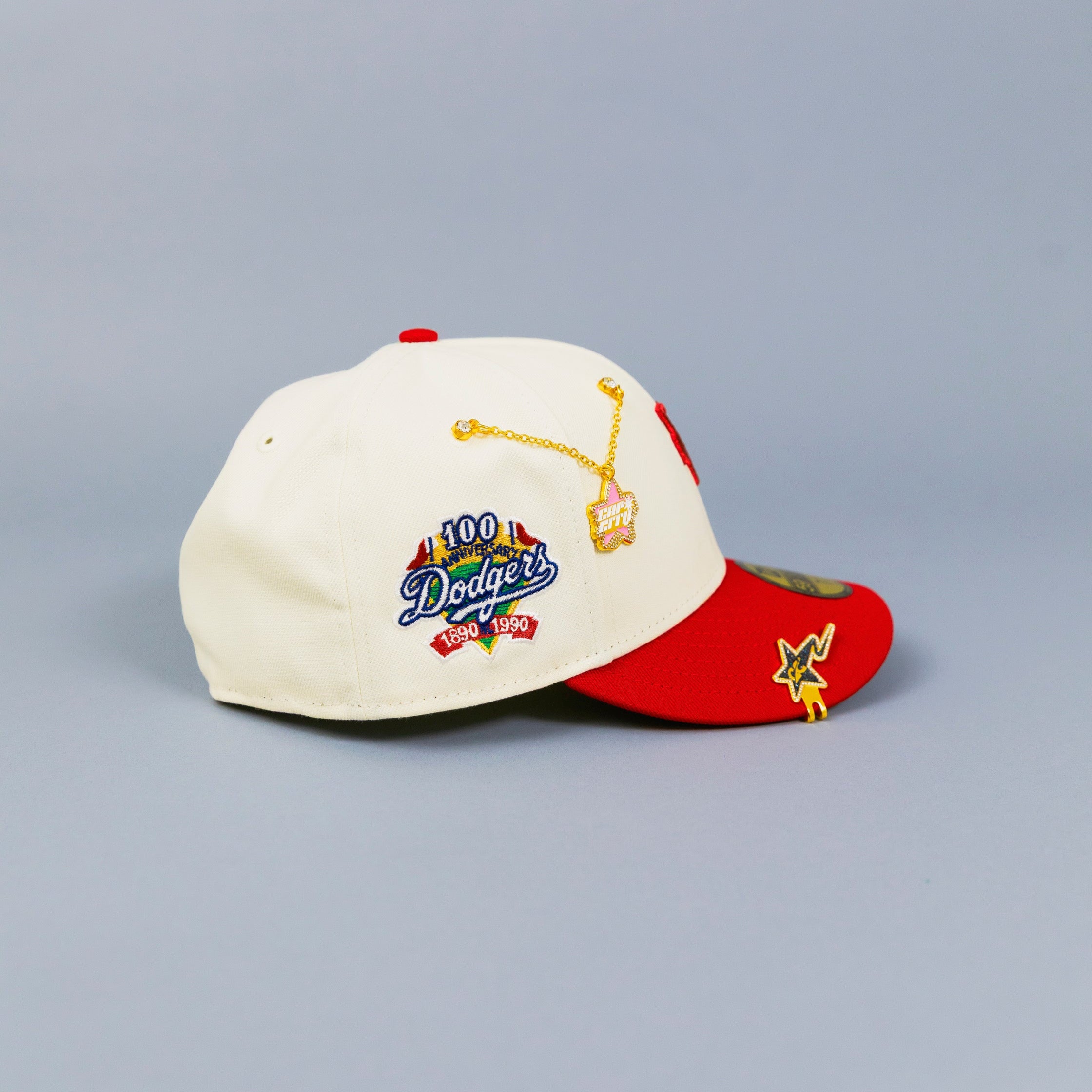 NEW ERA EXCLUSIVE 59FIFTY CHROME/ RED UPSIDE DOWN LOS ANGELES DODGERS SCRIPT W/ 100TH ANNIVERSARY SIDE PATCH