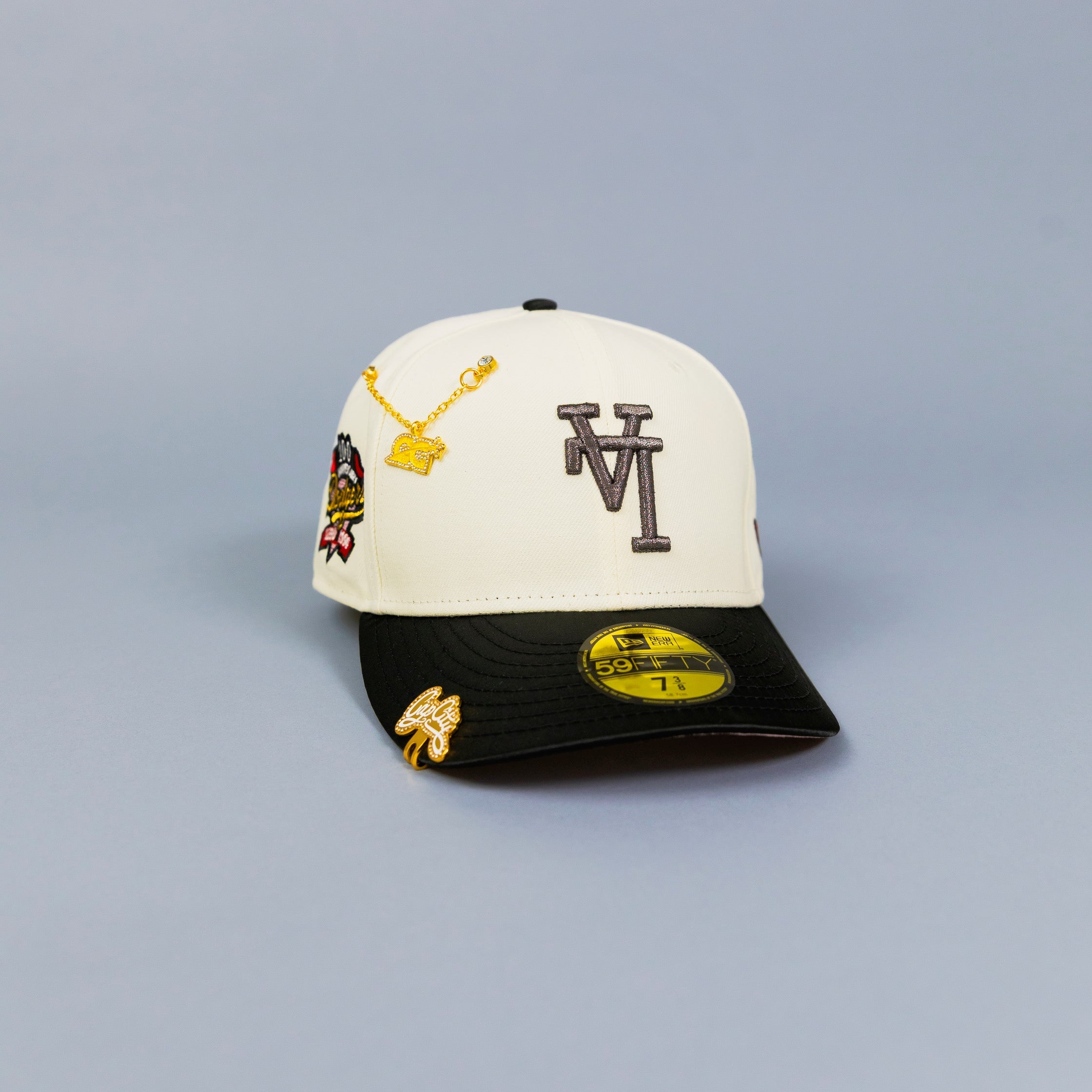 NEW ERA EXCLUSIVE 59FIFTY CHROME/ BLACK SATIN UPSIDE DOWN LOS ANGELES DODGERS SCRIPT W/ 100TH ANNIVERSARY SIDE PATCH