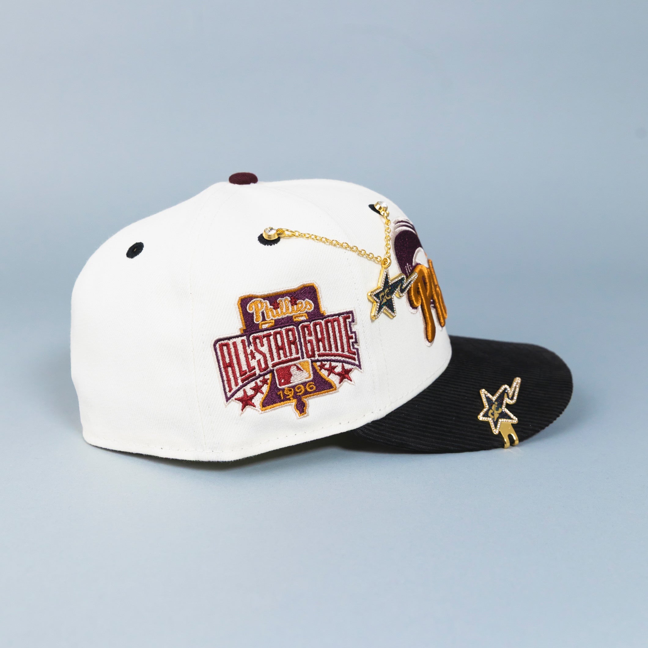 NEW ERA EXCLUSIVE 59FIFTY CHROME/ CORDUROY PHILADELPHIA PHILLIES SCRIPT W/ 1996 ALL STAR GAME PATCH