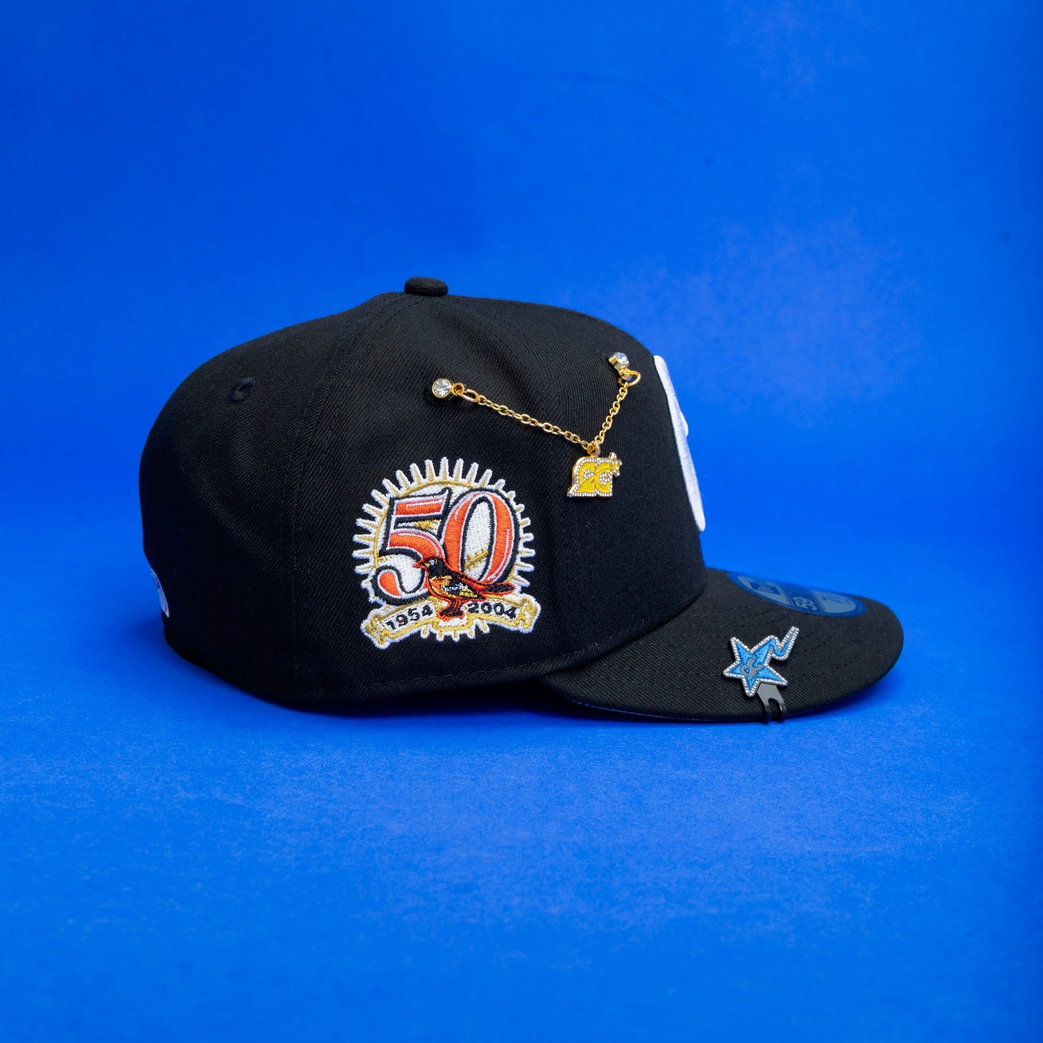 NEW ERA EXCLUSIVE 59FIFTY BLACK BALTIMORE ORIOLES W/ 50TH ANNIVERSARY SIDE PATCH