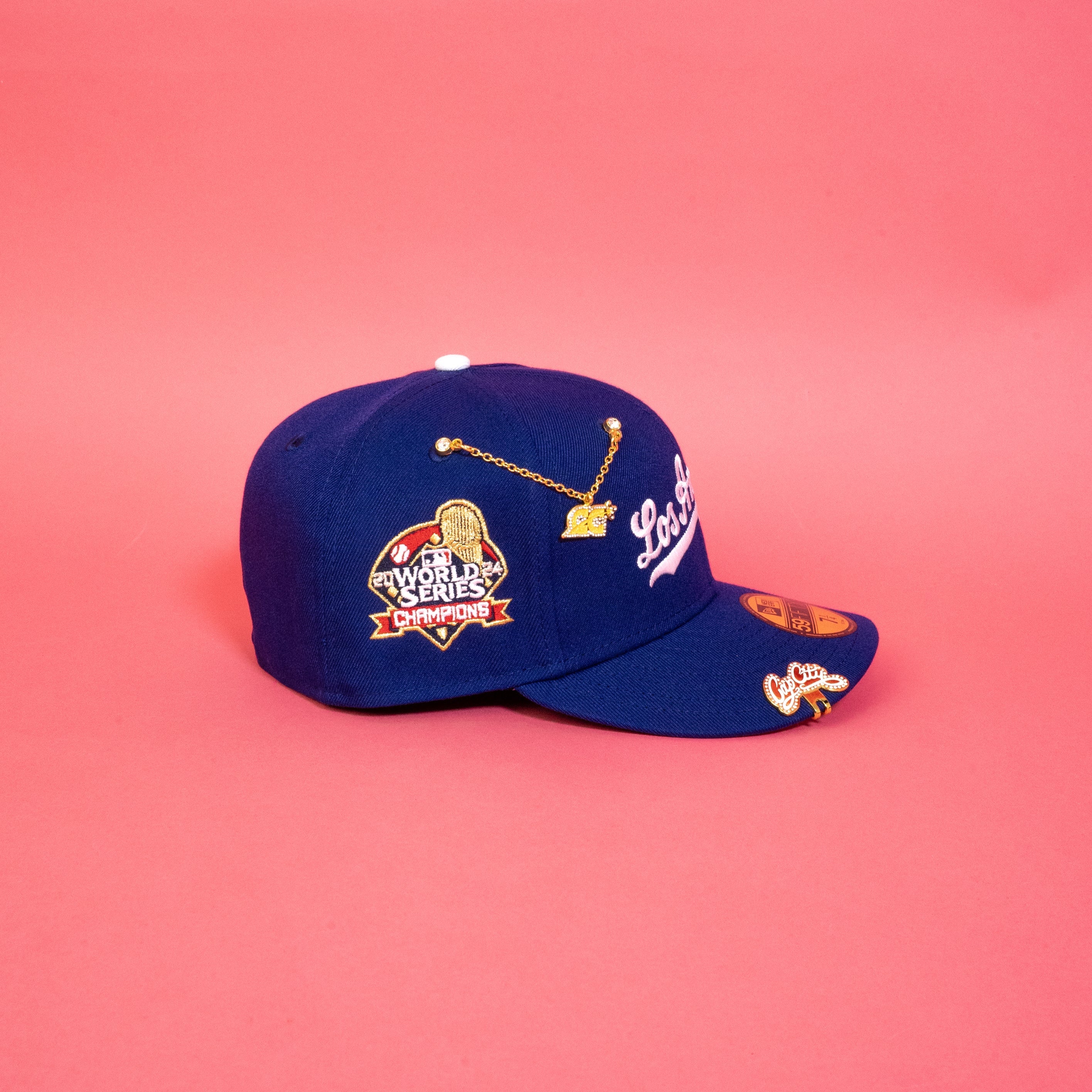 NEW ERA 59FIFTY BLUE LOS ANGELES DODGERS SCRIPT W/ 2024 WORLD SERIES CHAMPIONS SIDE PATCH
