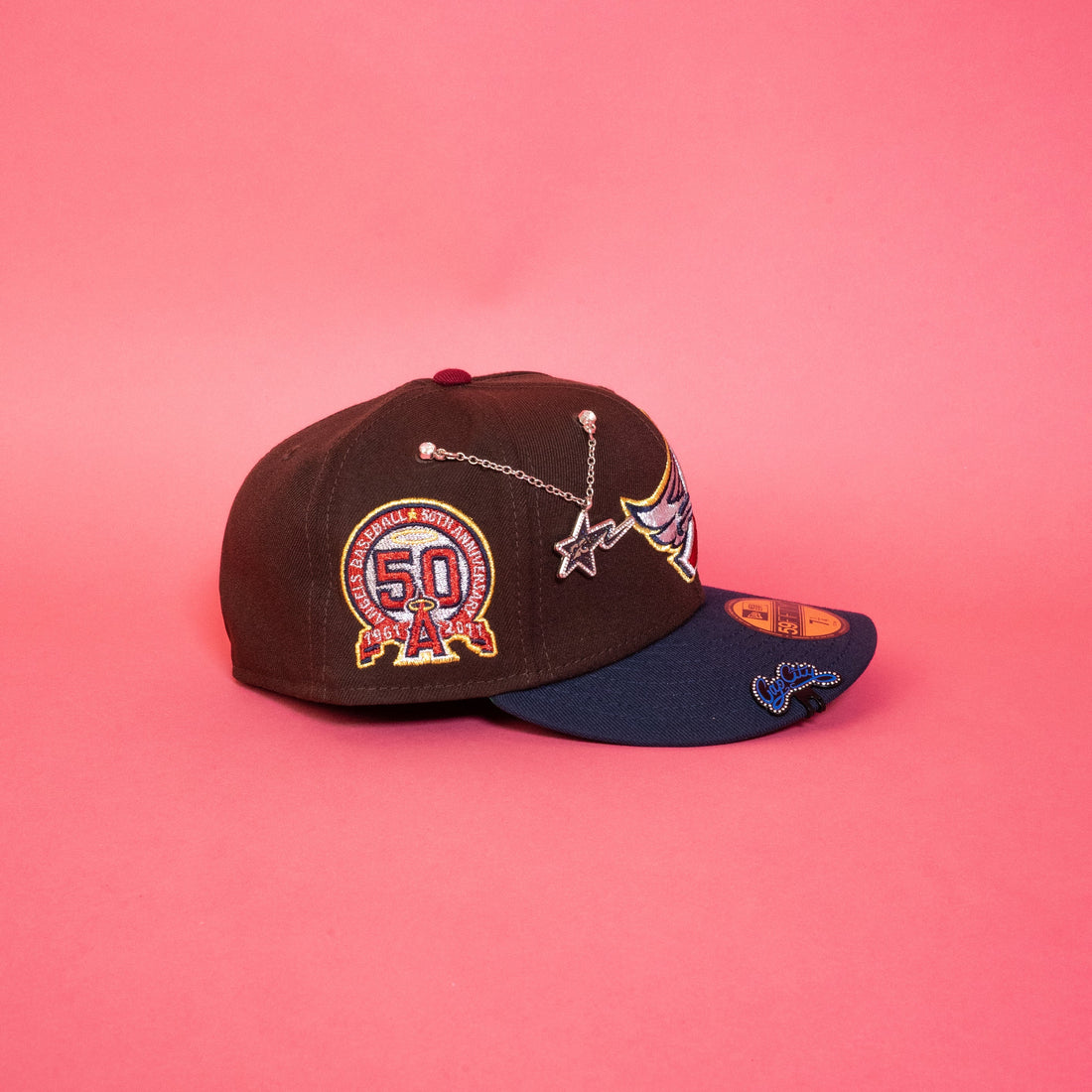 NEW ERA 59FIFTY BROWN/ NAVY ANAHEIM ANGELS W/ 50TH ANNIVERSARY SIDE PA