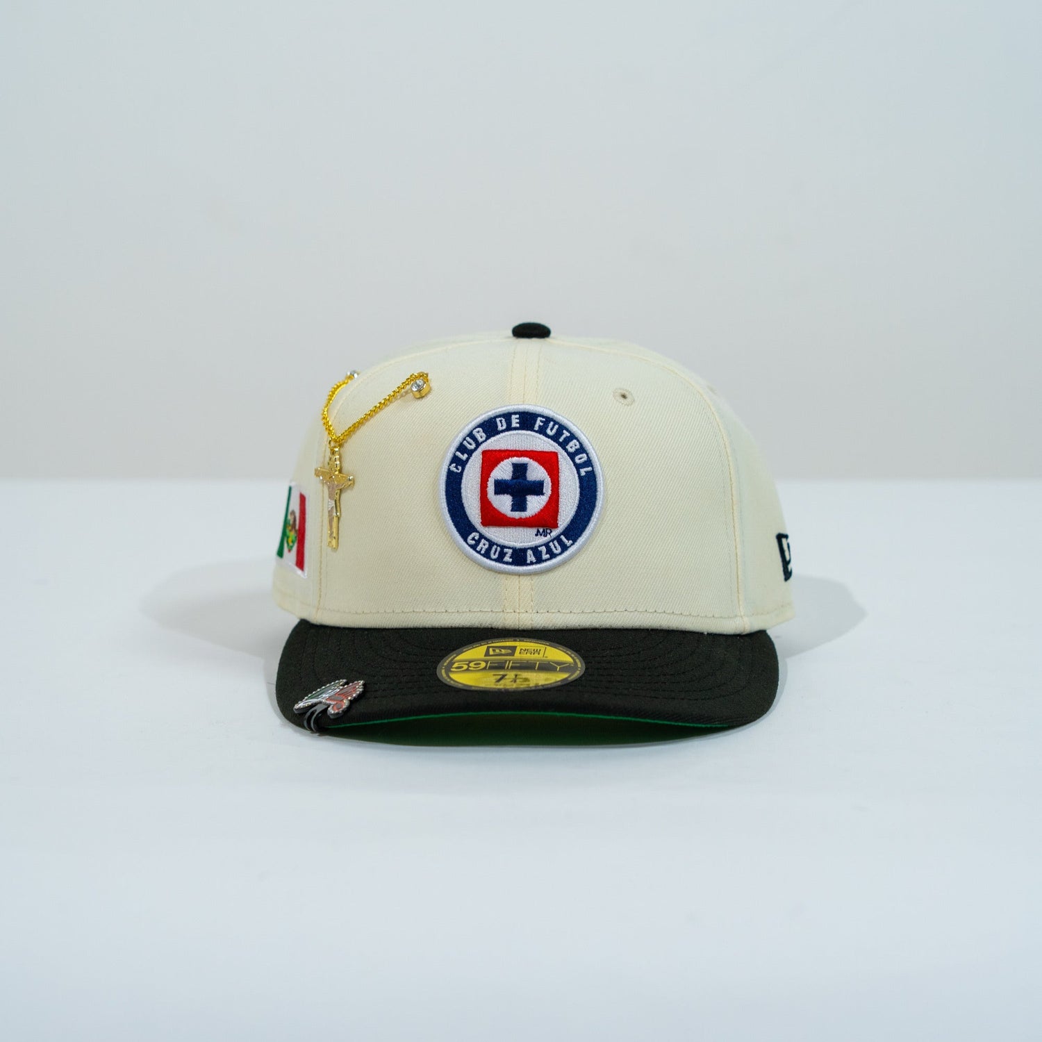 NEW ERA EXCLUSIVE 59FIFTY CHROME/ BLACK "CLUB CRUZ AZUL" W/ MEXICO FLAG SIDE PATCH