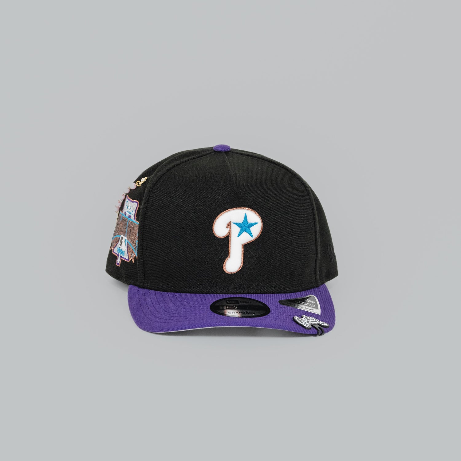 NEW ERA EXCLUSIVE 9FIFTY A-FRAME BLACK/ PURPLE PHILADELPHIA PHILLIES SNAPBACK W/ 1996 ALL STAR GAME PATCH