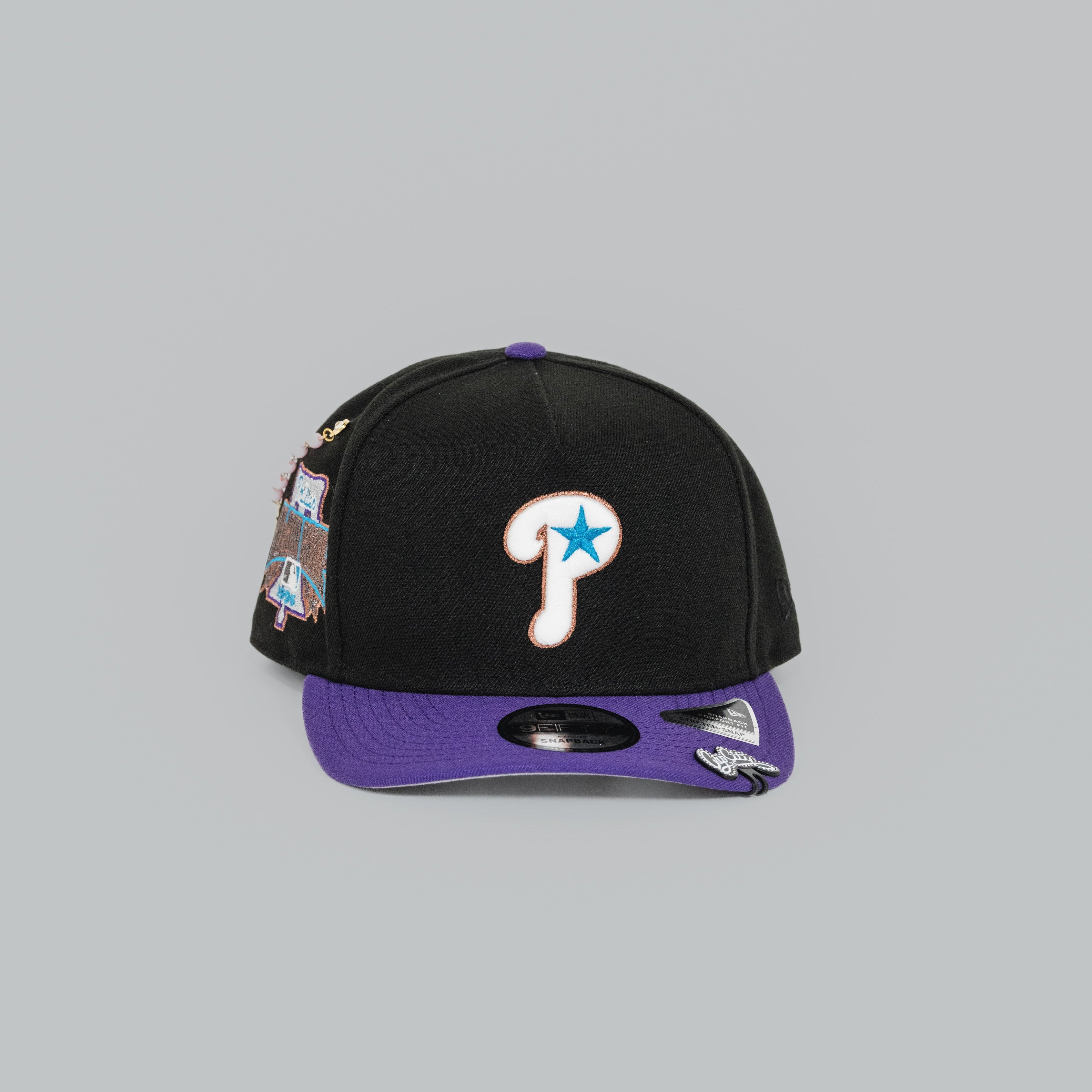 NEW ERA EXCLUSIVE 9FIFTY A-FRAME BLACK/ PURPLE PHILADELPHIA PHILLIES SNAPBACK W/ 1996 ALL STAR GAME PATCH