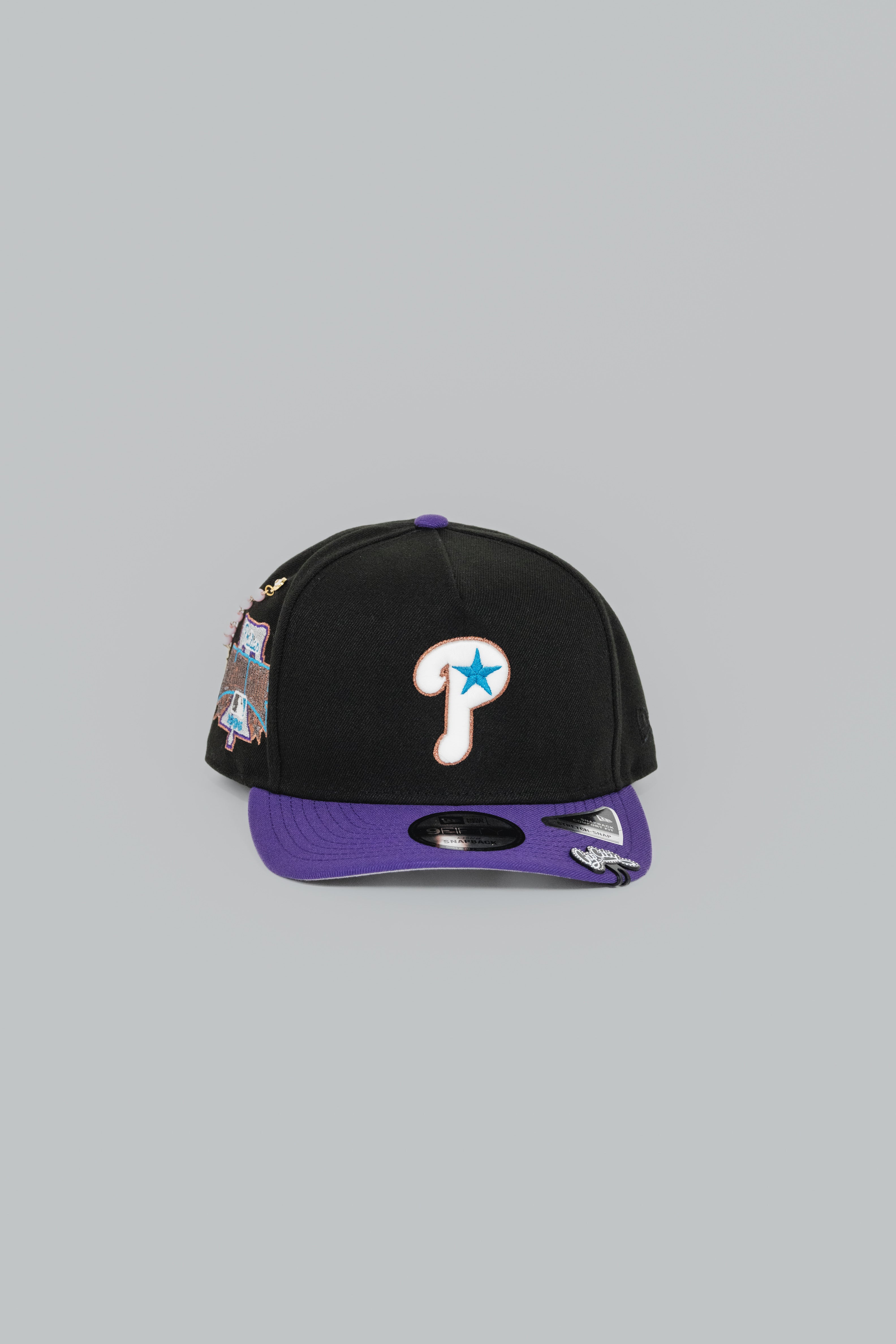 NEW ERA EXCLUSIVE 9FIFTY A-FRAME BLACK/ PURPLE PHILADELPHIA PHILLIES SNAPBACK W/ 1996 ALL STAR GAME PATCH