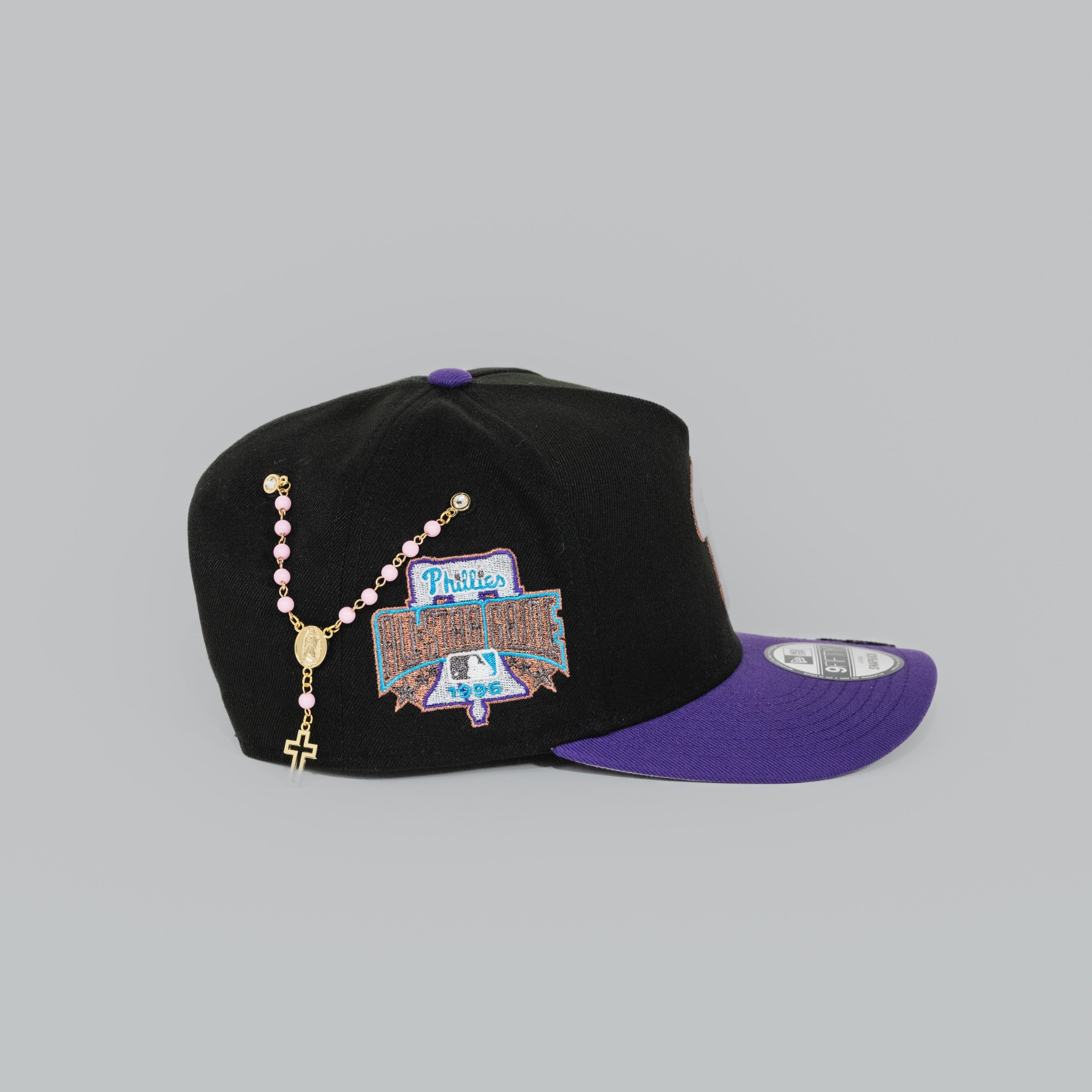 NEW ERA EXCLUSIVE 9FIFTY A-FRAME BLACK/ PURPLE PHILADELPHIA PHILLIES SNAPBACK W/ 1996 ALL STAR GAME PATCH