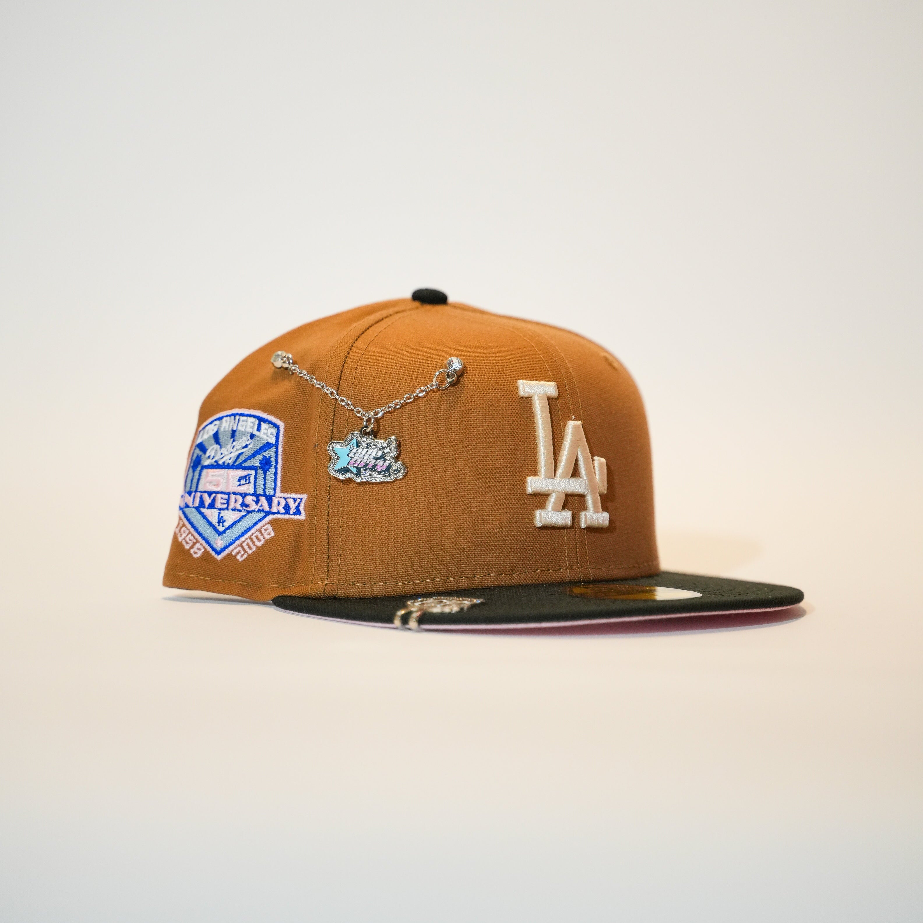 NEW ERA EXCLUSIVE 59FIFTY TAN/BLACK LOS ANGELES DODGERS W/ 50TH ANNIVERSARY SIDE PATCH