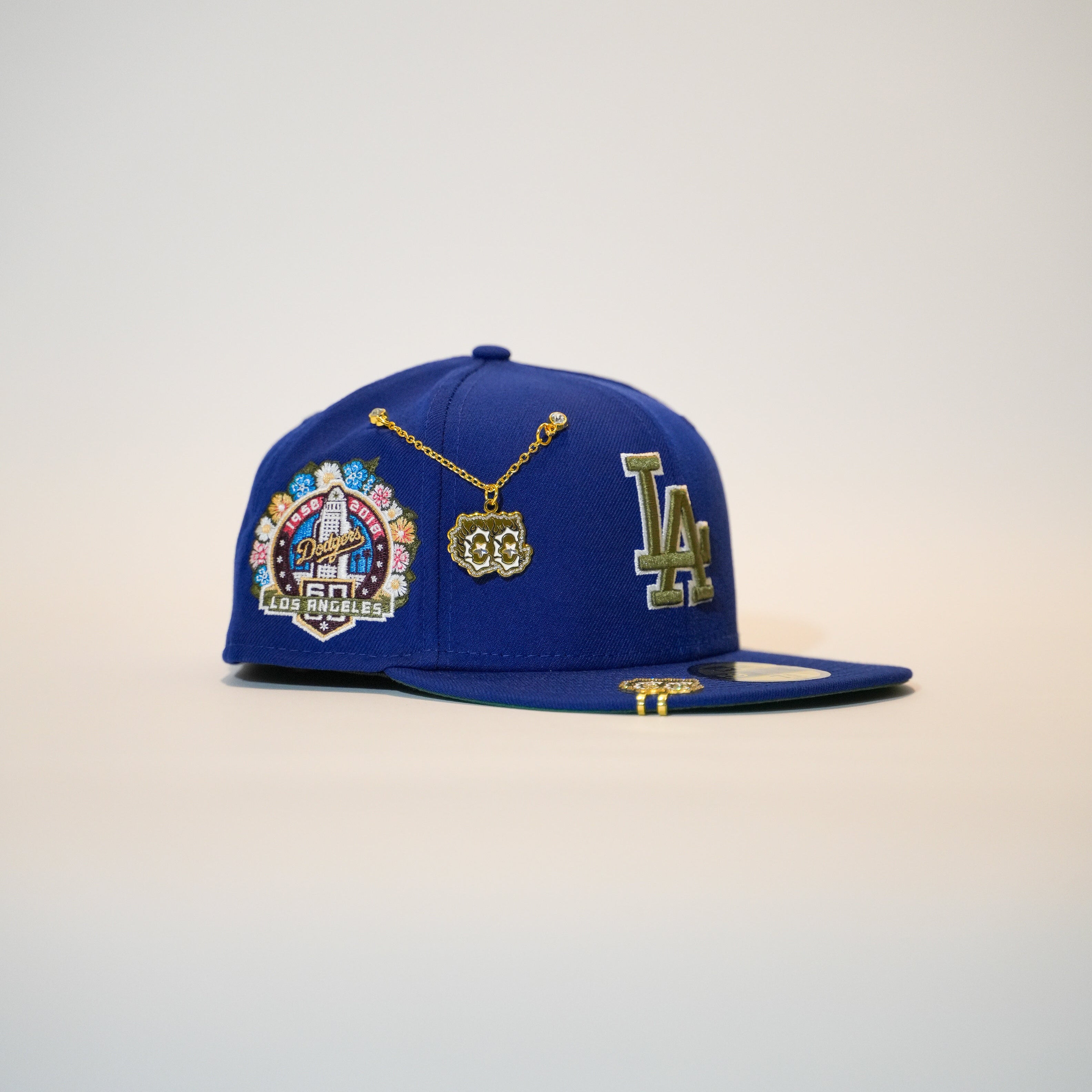 NEW ERA EXCLUSIVE 59FIFTY BLUE LOS ANGELES DODGERS W/ OLIVE LOGO + 60TH ANNIVERSARY SIDE PATCH