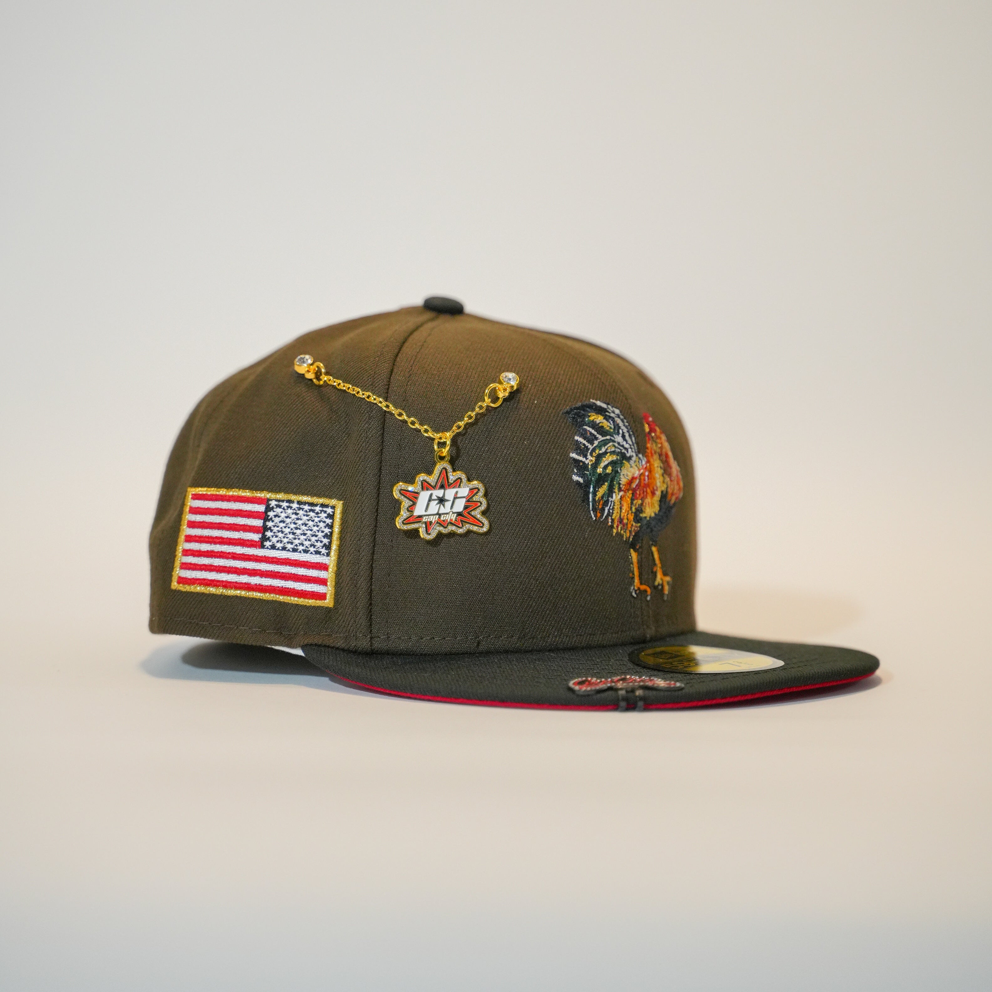 NEW ERA EXCLUSIVE 59FIFTY BROWN/ BLACK MEXICO "EL GALLO" W/ AMERICAN FLAG SIDE PATCH