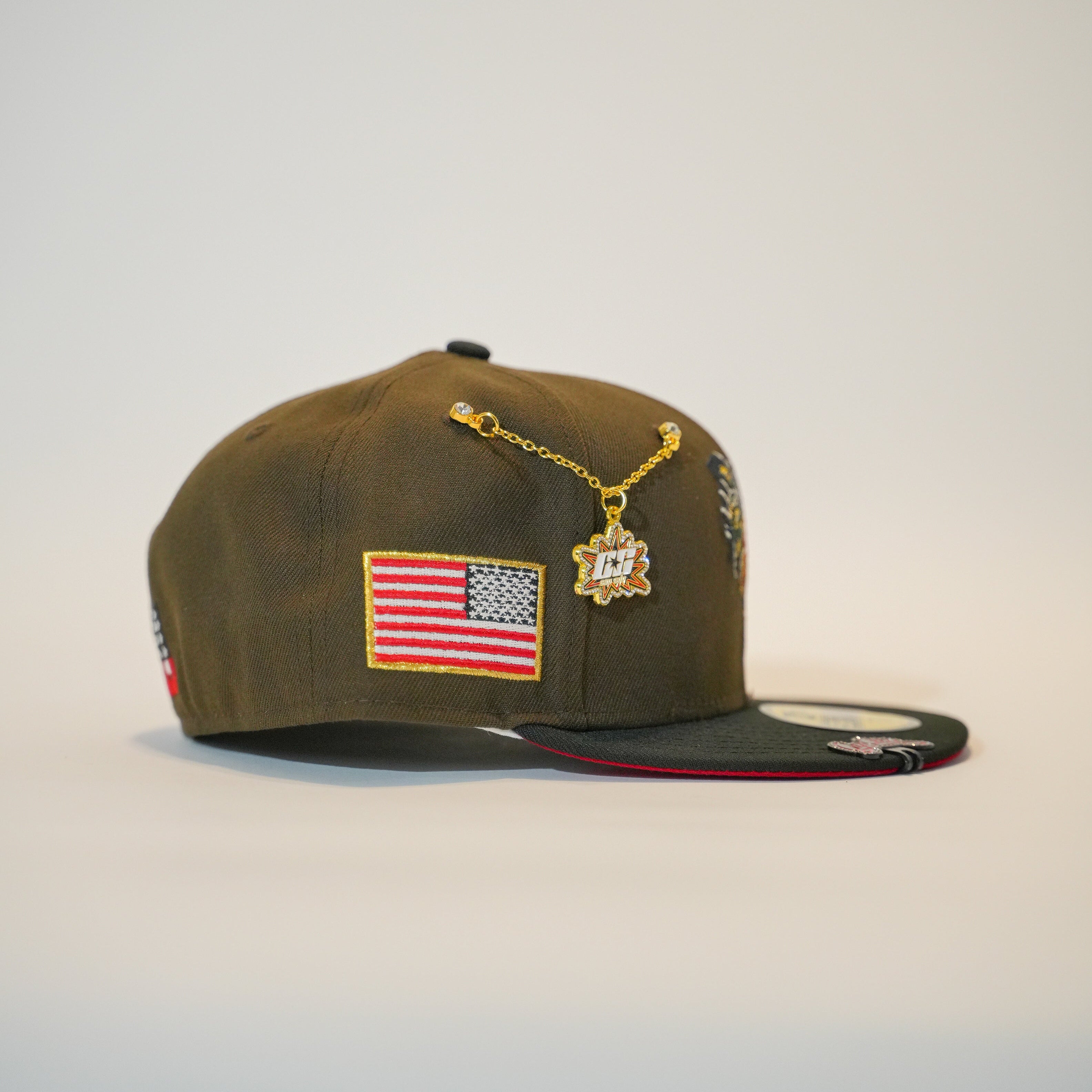 NEW ERA EXCLUSIVE 59FIFTY BROWN/ BLACK MEXICO "EL GALLO" W/ AMERICAN FLAG SIDE PATCH