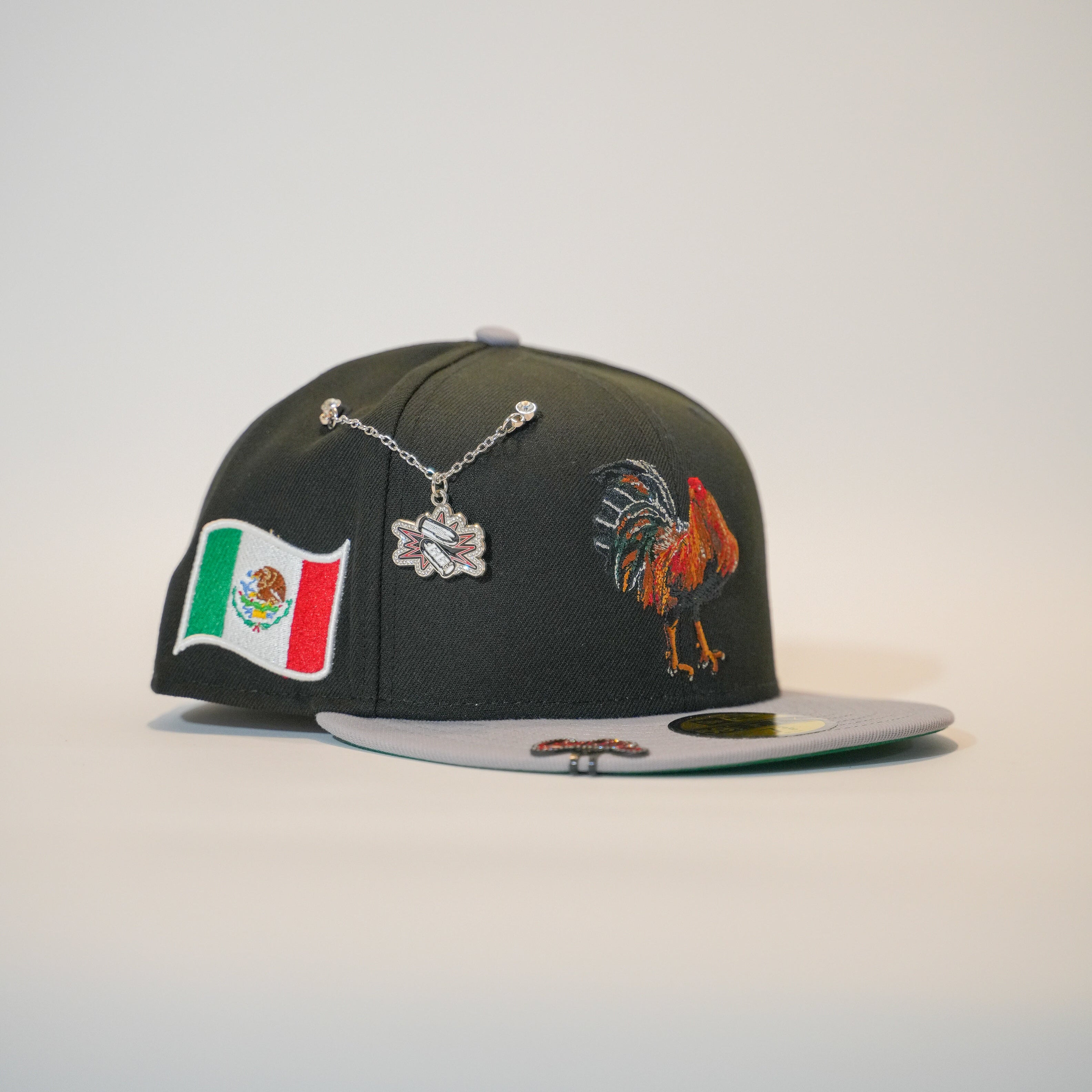 NEW ERA EXCLUSIVE 59FIFTY BLACK/ GREY MEXICO "EL GALLO" W/ MEXICO FLAG SIDE PATCH