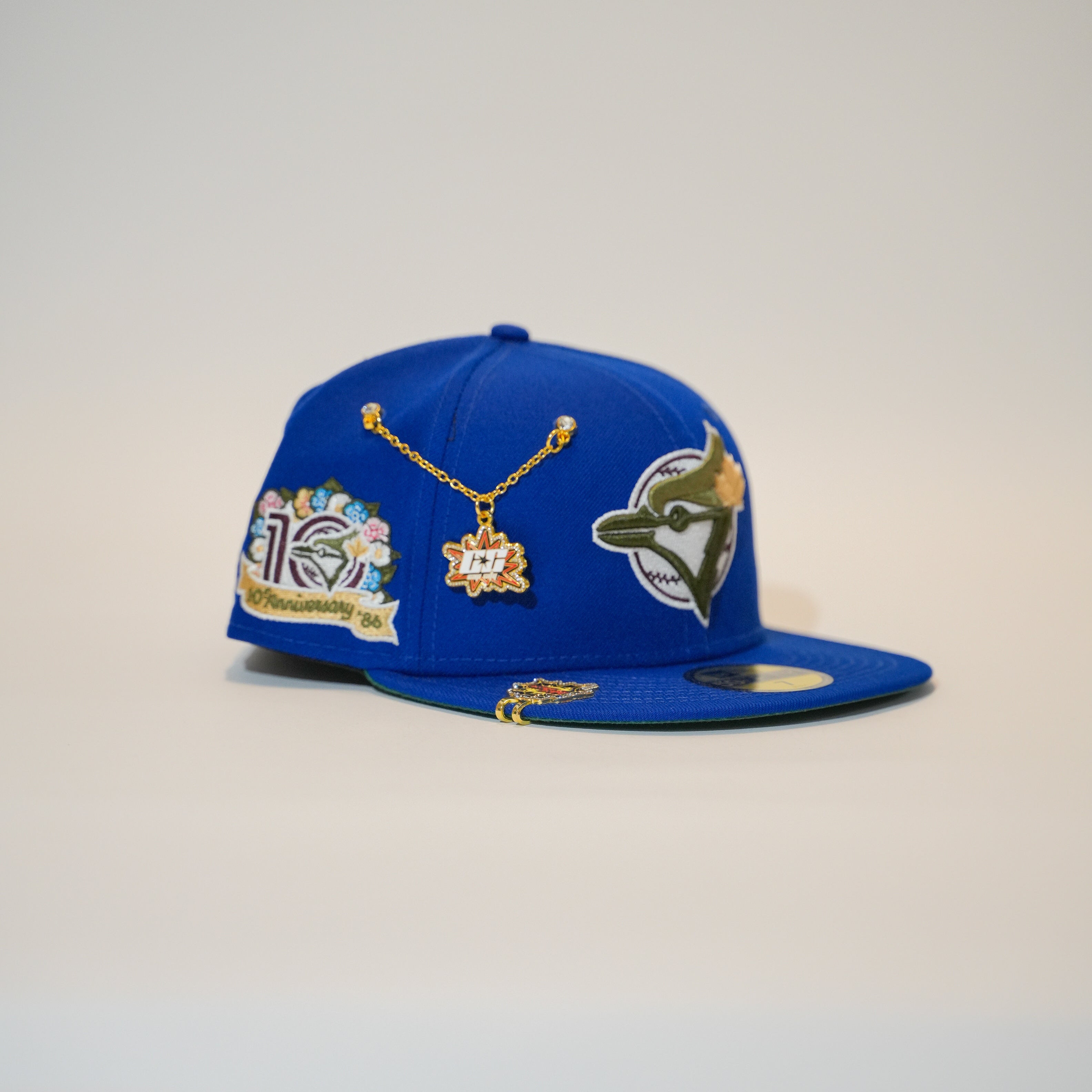 NEW ERA EXCLUSIVE 59FIFTY BLUE TORONTO BLUE JAYS W/ OLIVE LOGO + 10TH ANNIVERSARY SIDE PATCH