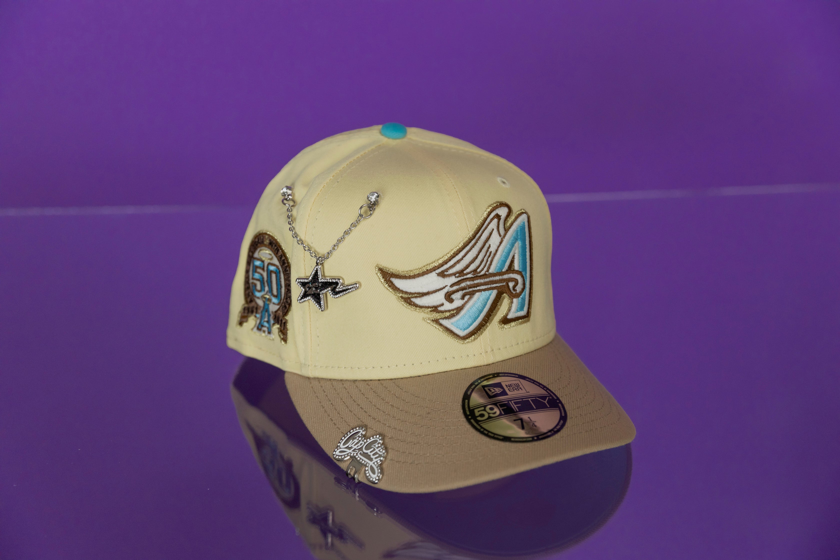 NEW ERA 59FIFTY VEGAS GOLD/LIGHT KHAKI ANAHEIM ANGELS W/ 50TH ANNIVERSARY SIDE PATCH