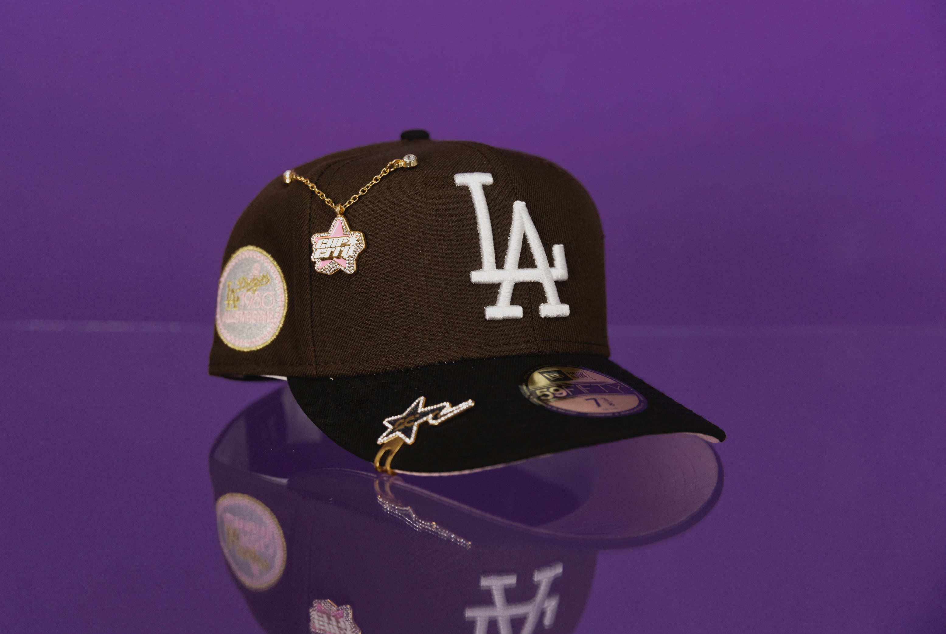 NEW ERA EXCLUSIVE 59FIFTY BROWN/BLACK LOS ANGELES DODGERS W/ 1980 ASG SIDE PATCH + 1ST WORLD SERIES PATCH