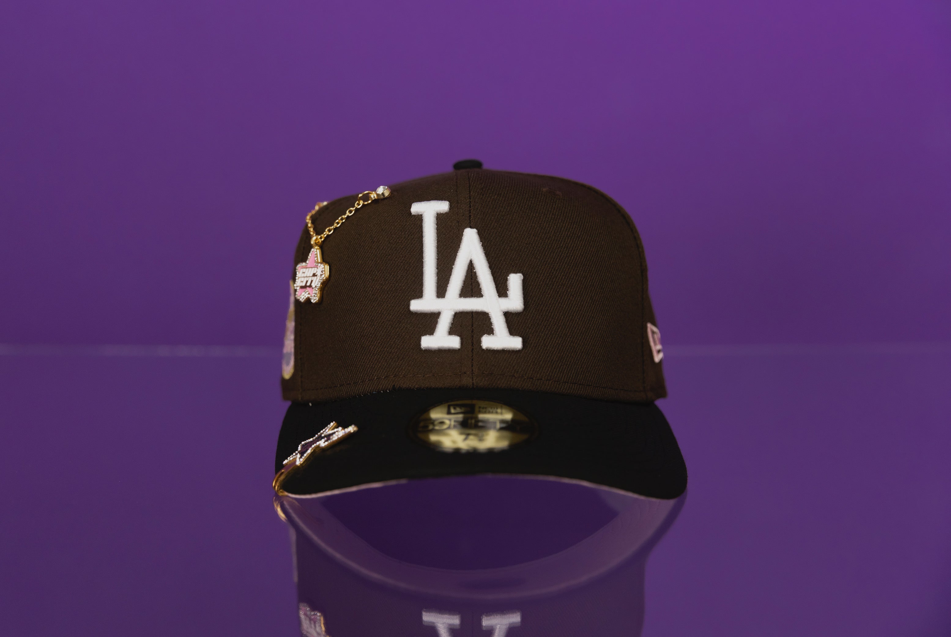 NEW ERA EXCLUSIVE 59FIFTY BROWN/BLACK LOS ANGELES DODGERS W/ 1980 ASG SIDE PATCH + 1ST WORLD SERIES PATCH