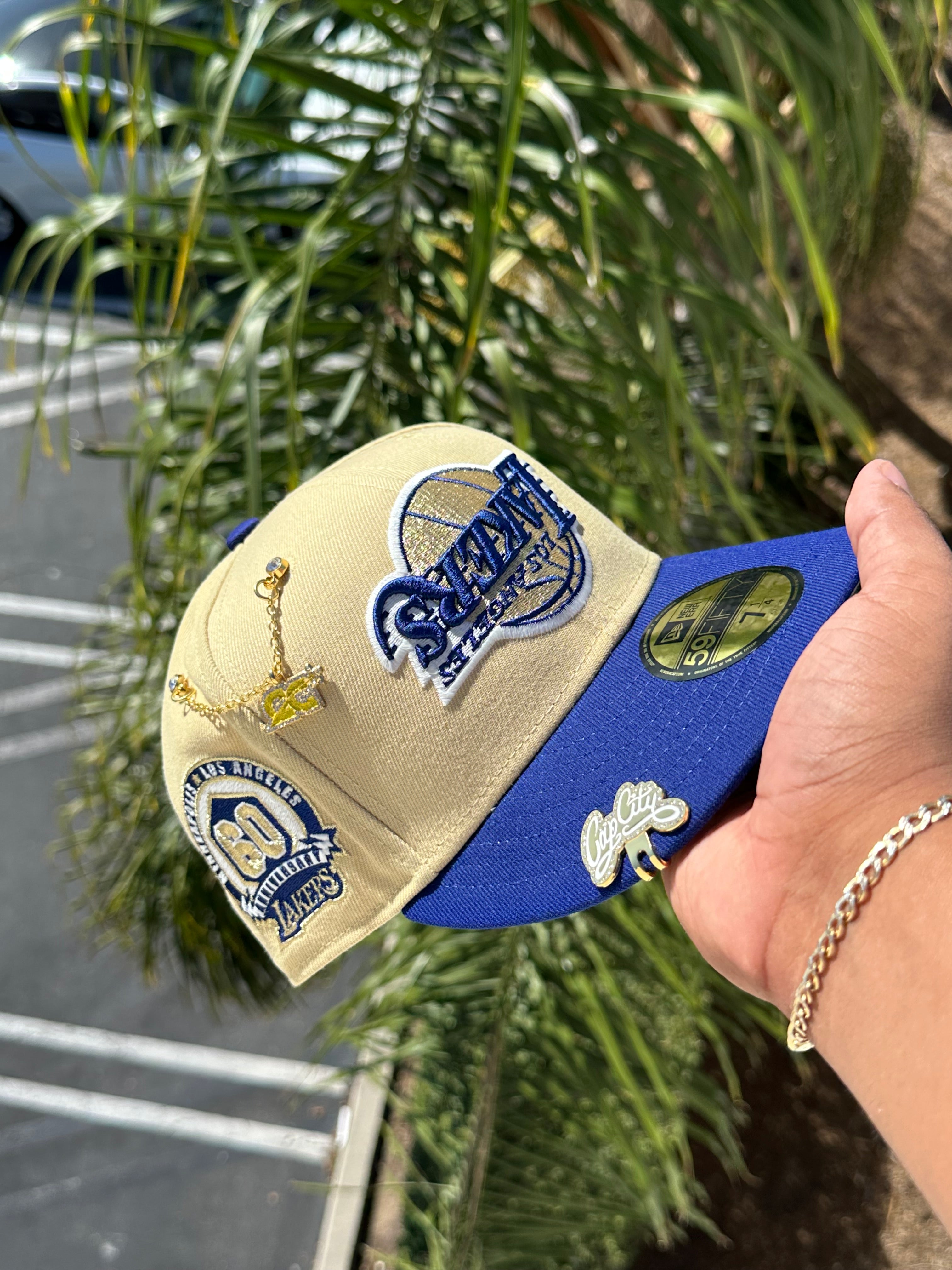 NEW ERA EXCLUSIVE 59FIFTY VEGAS GOLD/BLUE UPSIDE DOWN LOS ANGELES LAKERS W/ 60TH ANNIVERSARY SIDE PATCH