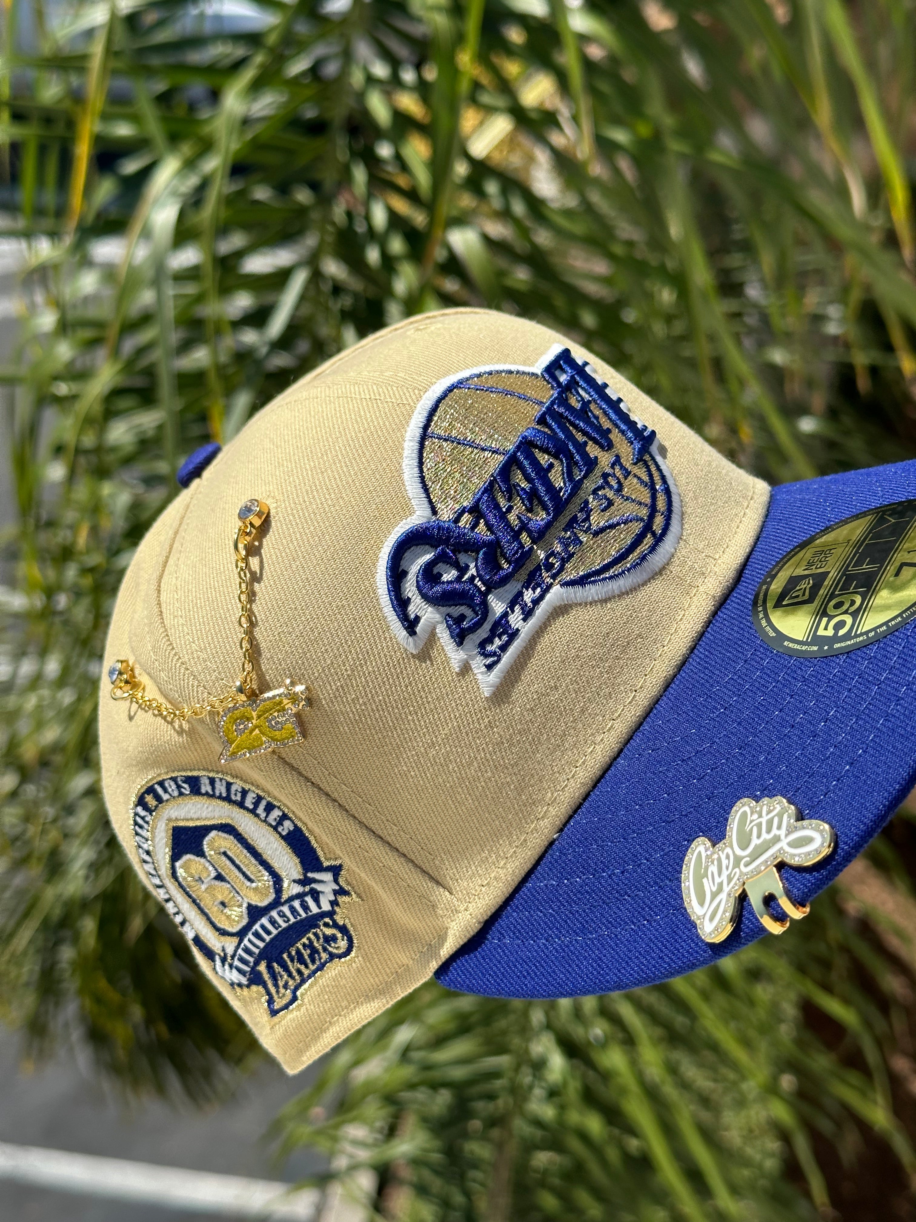 NEW ERA EXCLUSIVE 59FIFTY VEGAS GOLD/BLUE UPSIDE DOWN LOS ANGELES LAKERS W/ 60TH ANNIVERSARY SIDE PATCH