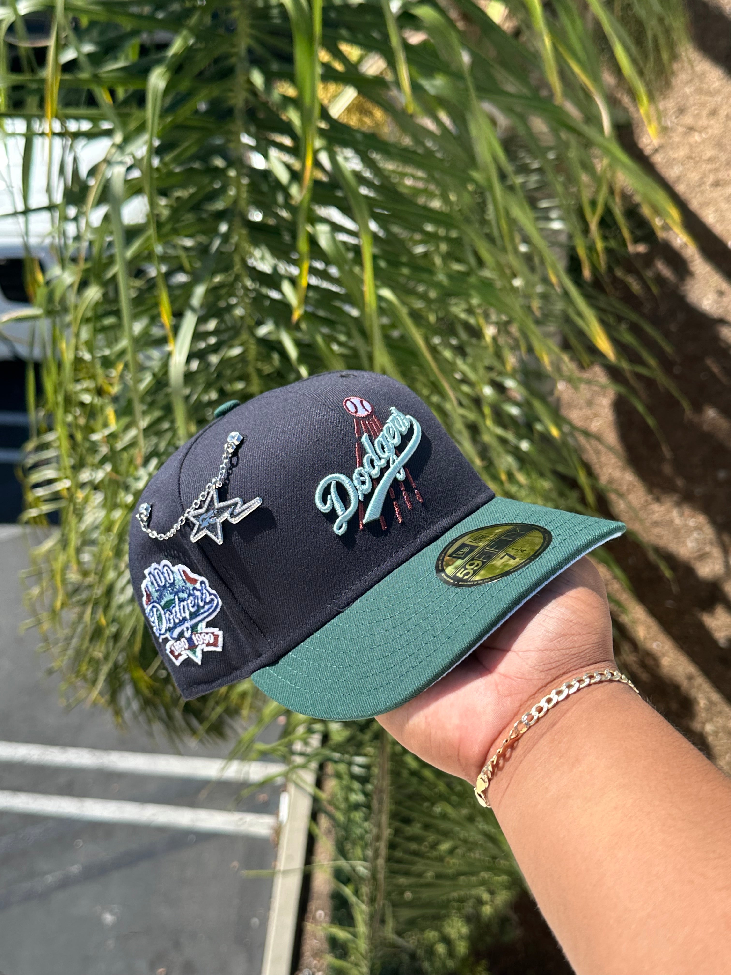 EXCLUSIVO DE NEW ERA 59FIFTY NAVY/FOREST GREEN LOS ANGELES DODGERS CON PARCHE DEL 100 ANIVERSARIO 