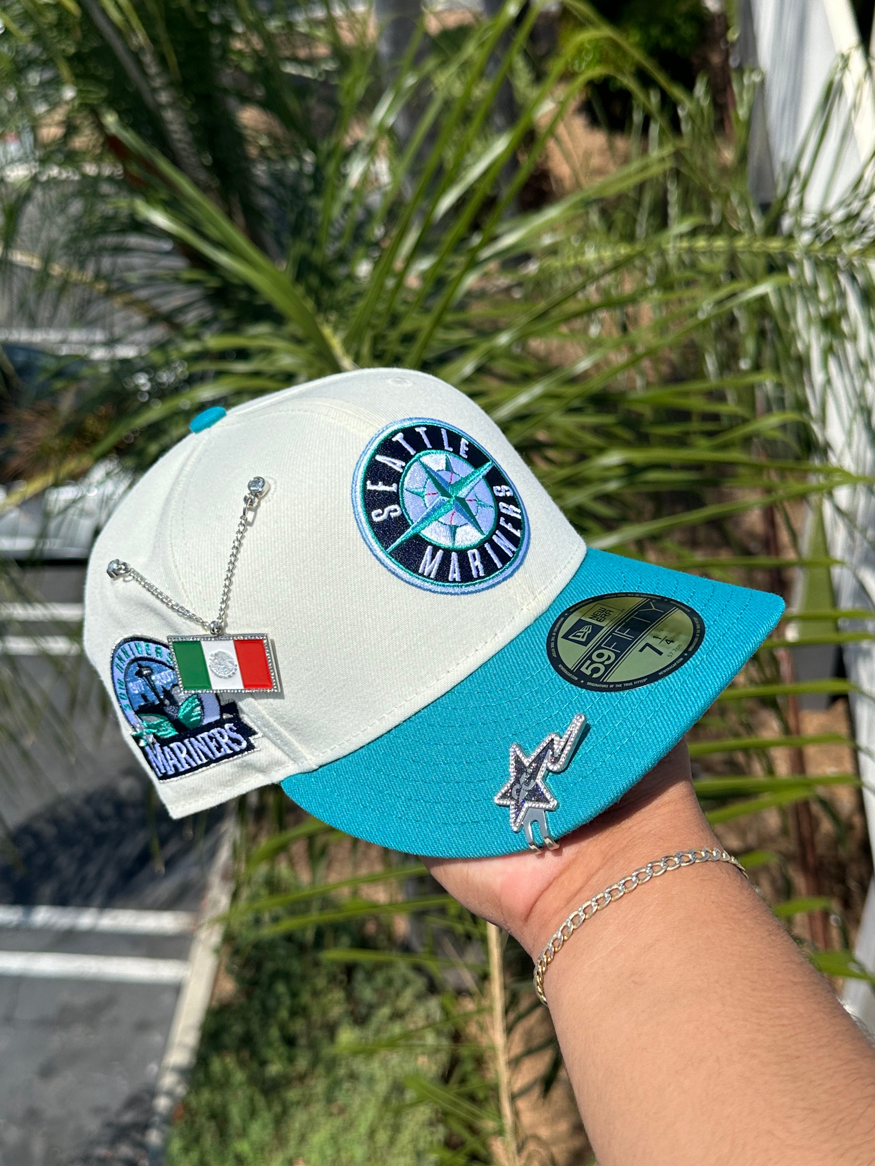 NEW ERA EXCLUSIVE 59FIFTY CHROME WHITE/TURQUOISE SEATTLE MARINERS W/ 30TH ANNIVERSARY PATCH