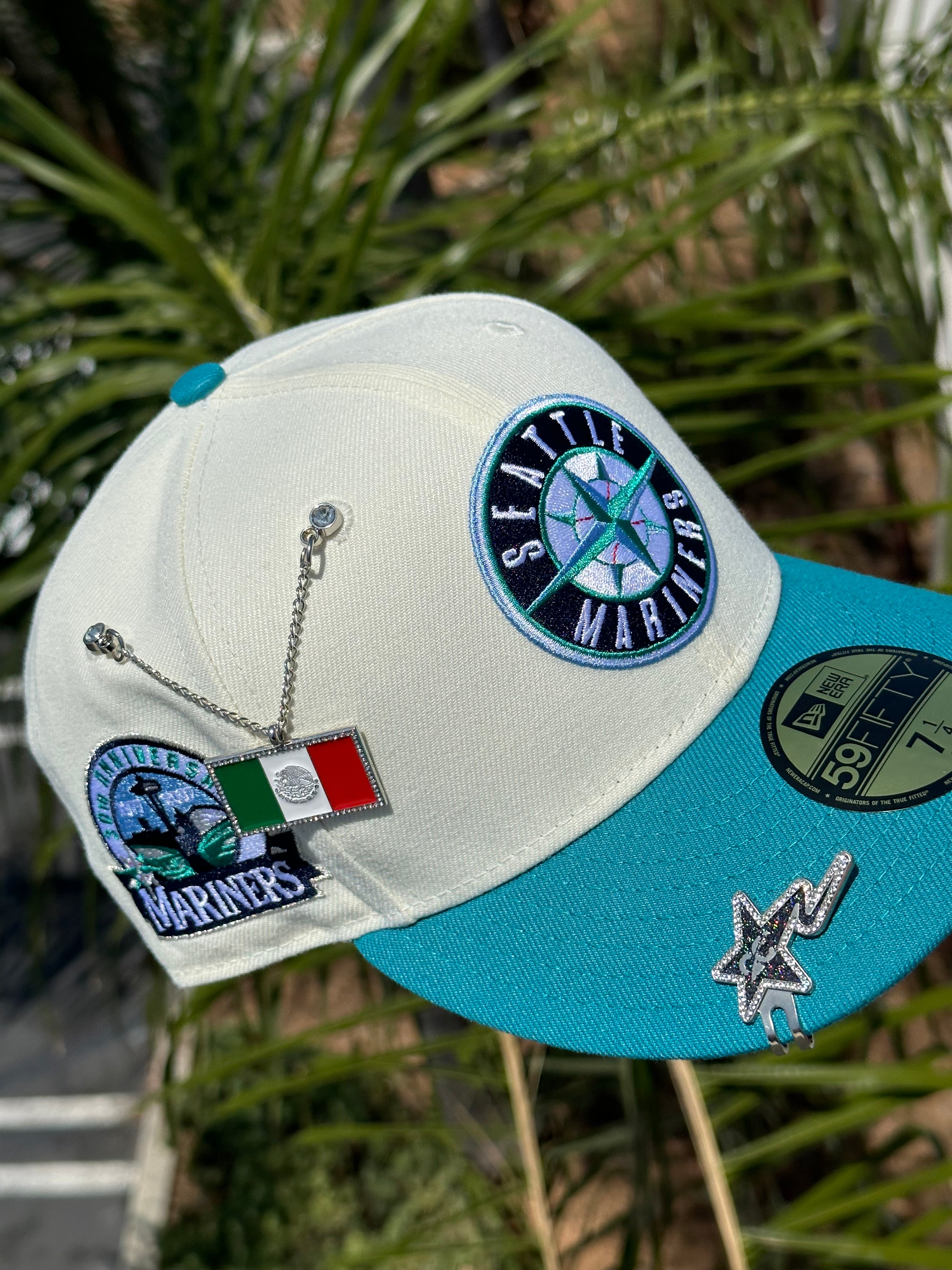 NEW ERA EXCLUSIVE 59FIFTY CHROME WHITE/TURQUOISE SEATTLE MARINERS W/ 30TH ANNIVERSARY PATCH