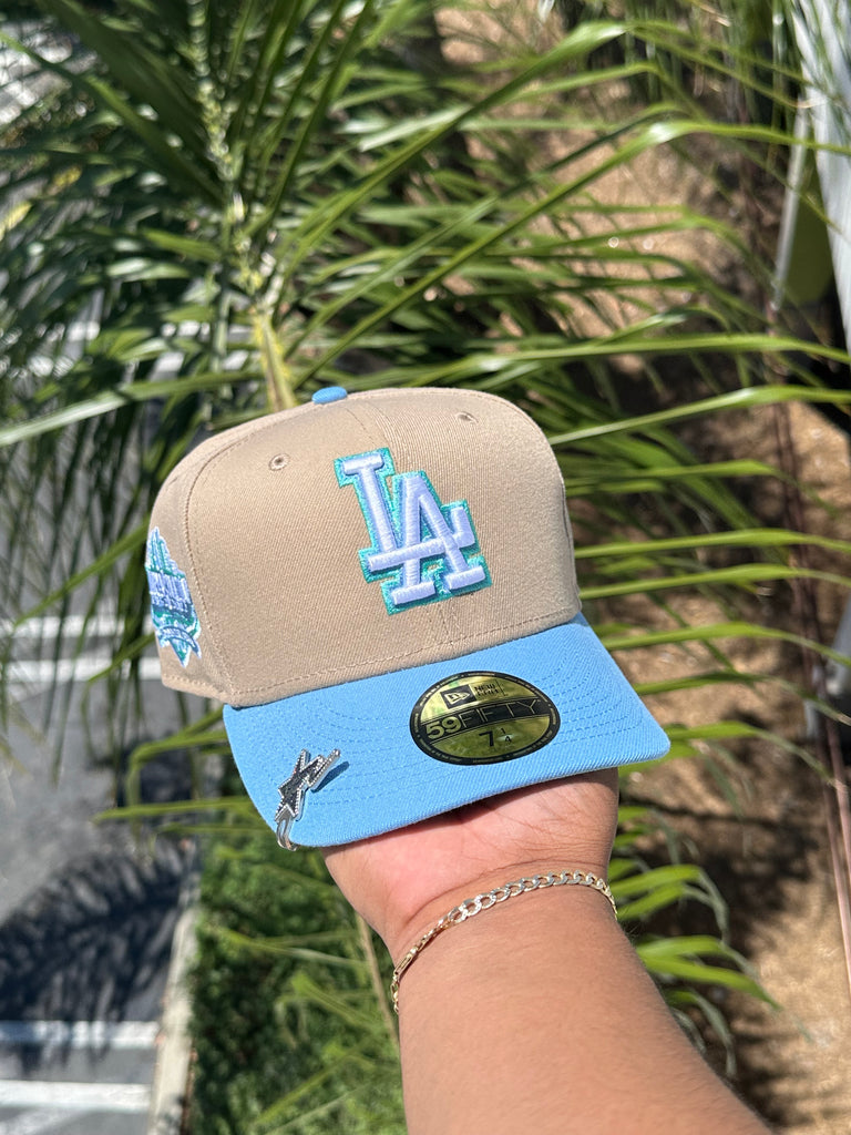 NEW ERA EXCLUSIVE 59FIFTY KHAKI/SKY BLUE LOS ANGELES DODGERS W/ 40TH ANNIVERSARY PATCH (TEAL UV)