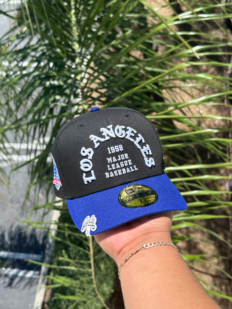 NEW ERA EXCLUSIVE 59FIFTY BLACK/BLUE LOS ANGELES DODGERS "1958 MLB SCRIPT" TWO TONE W/ 60TH ANNIVERSARY PATCH (GREY UV)