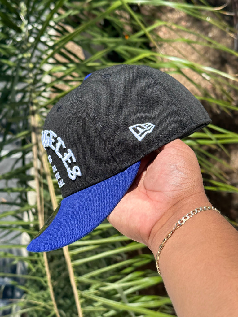 NEW ERA EXCLUSIVE 59FIFTY BLACK/BLUE LOS ANGELES DODGERS "1958 MLB SCRIPT" TWO TONE W/ 60TH ANNIVERSARY PATCH (GREY UV)