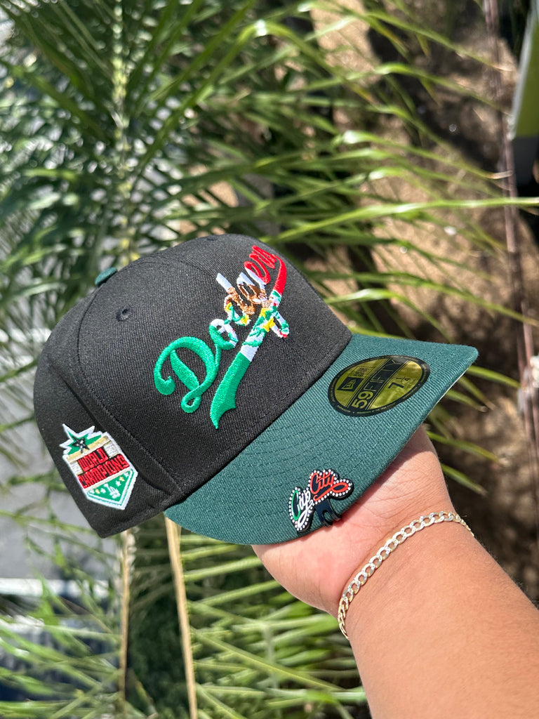 NEW ERA EXCLUSIVE 59FIFTY BLACK/FOREST GREEN LOS ANGELES DODGERS W/ MEXICO FLAG LOGO + "WORLD CHAMPIONS" SIDE PATCH (GREY UV)