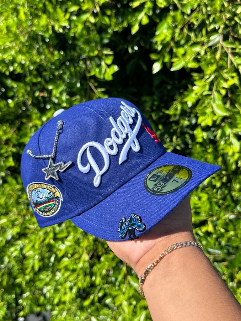 NEW ERA EXCLUSIVE 59FIFTY BLUE LOS ANGELES DODGERS SCRIPT W/ 50TH ANNIVERSARY PATCH (GREY UV)