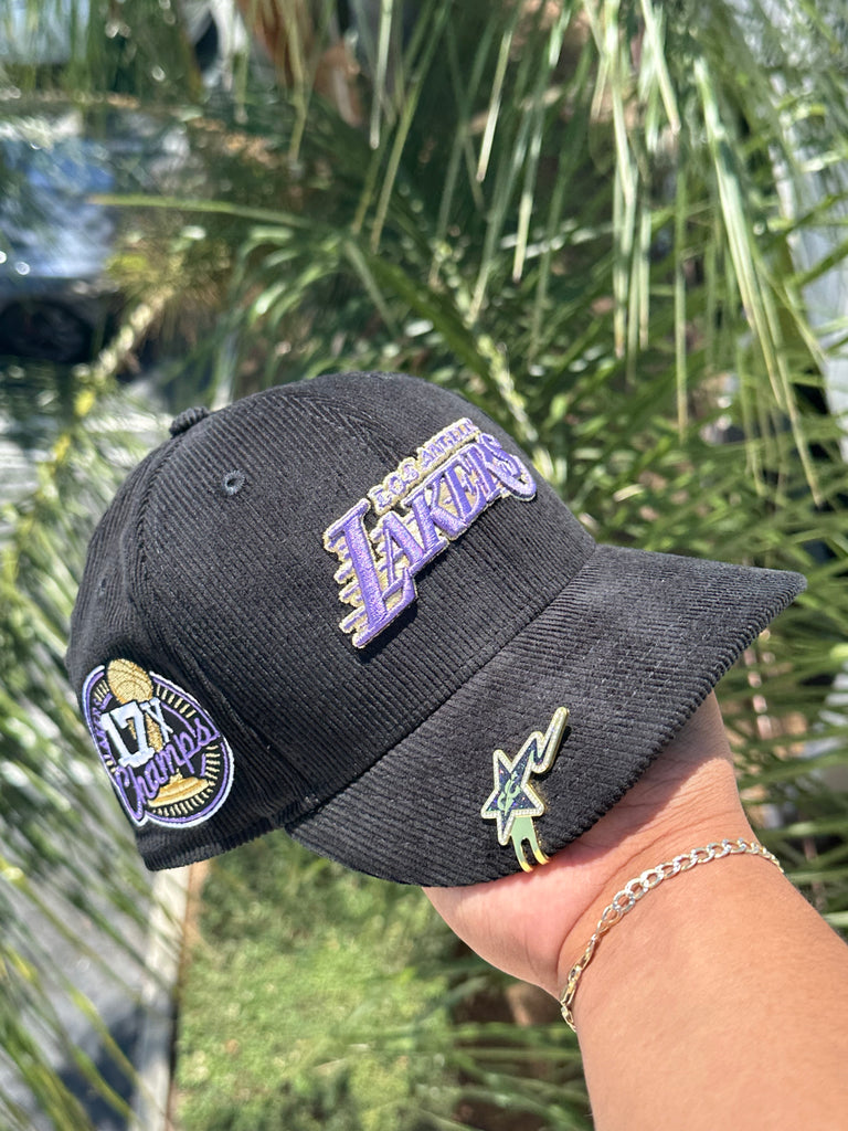 NEW ERA EXCLUSIVE 59FIFTY BLACK CORDUROY LOS ANGELES LAKERS W/ 17X CHAMPS SIDEPATCH (GREEN UV)
