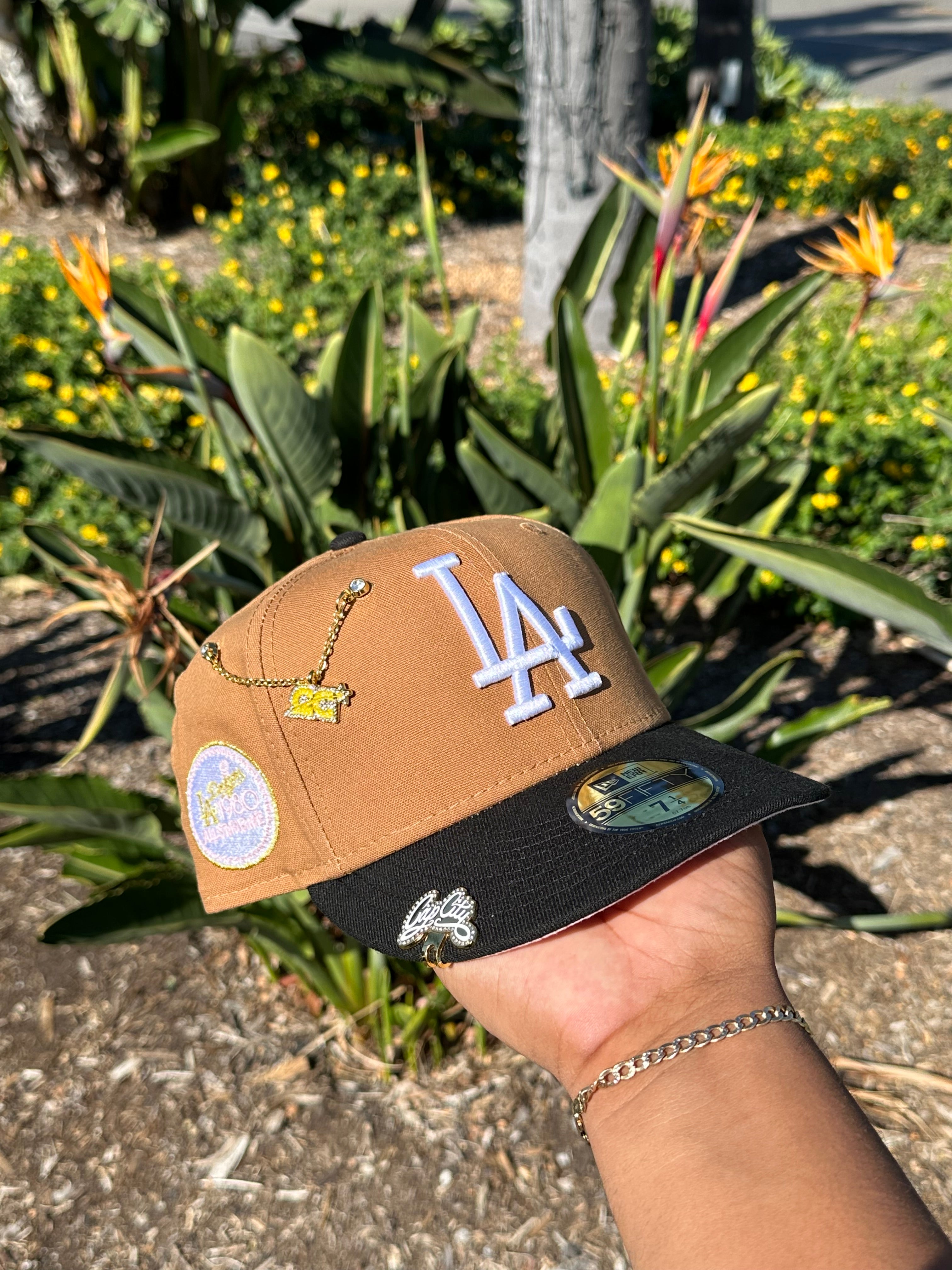 NEW ERA EXCLUSIVE 59FIFTY TAN/BLACK LOS ANGELES DODGERS W/ 1980 ALL STAR GAME PATCH + FIRST WORLD SERIES PATCH