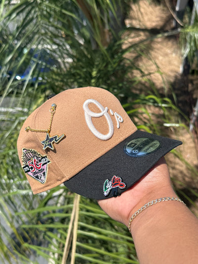 NEW ERA EXCLUSIVE 9FIFTY TAN/BLACK BALTIMORE ORIOLES TWO TONE SNAPBACK W/ 50TH ANNIVERSARY PATCH (RED UV)