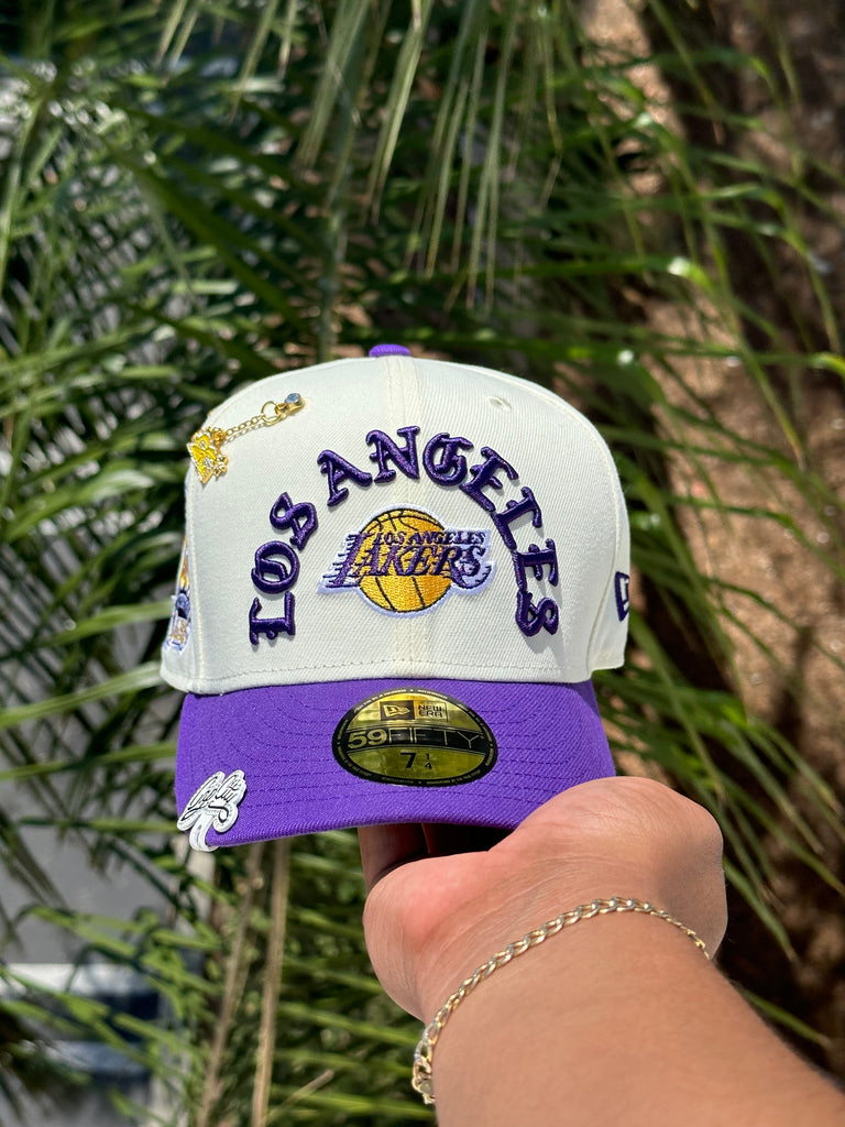 NEW ERA EXCLUSIVE 59FIFTY CHROME WHITE/PURPLE LOS ANGELES LAKERS W/ 60TH ANNIVERSARY SIDEPATCH + 2020 CHAMPS PATCH (GREEN UV)