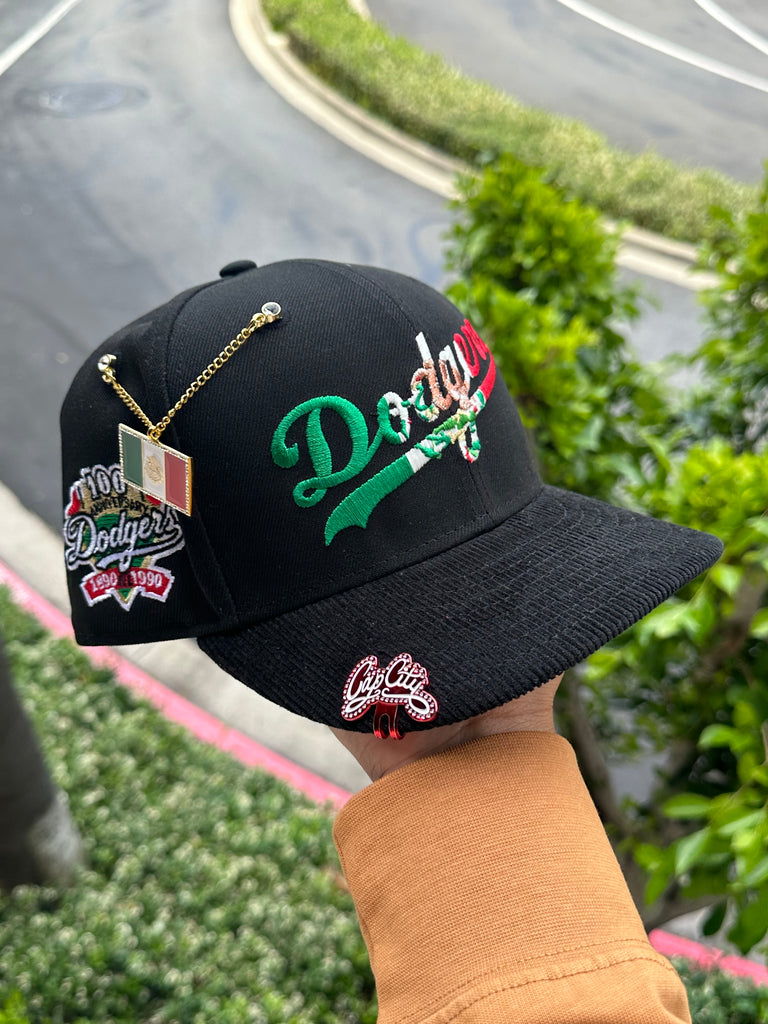 NEW ERA EXCLUSIVE 59FIFTY BLACK/CORDUROY TWO TONE LOS ANGELES DODGERS W/ MEXICO FLAG LOGO + 100TH ANNIVERSARY PATCH (GREEN UV)