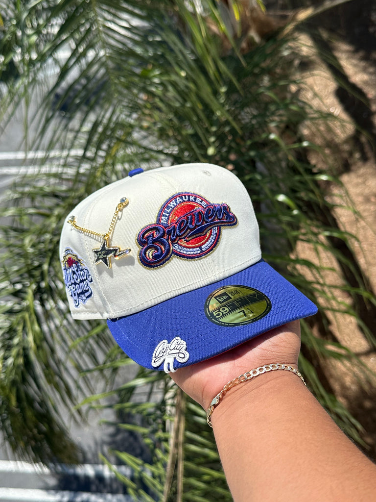 NEW ERA EXCLUSIVE 59FIFTY CHROME WHITE/BLUE MILWAUKEE BREWERS W/ 2002 ALL STAR GAME PATCH (RED UV)