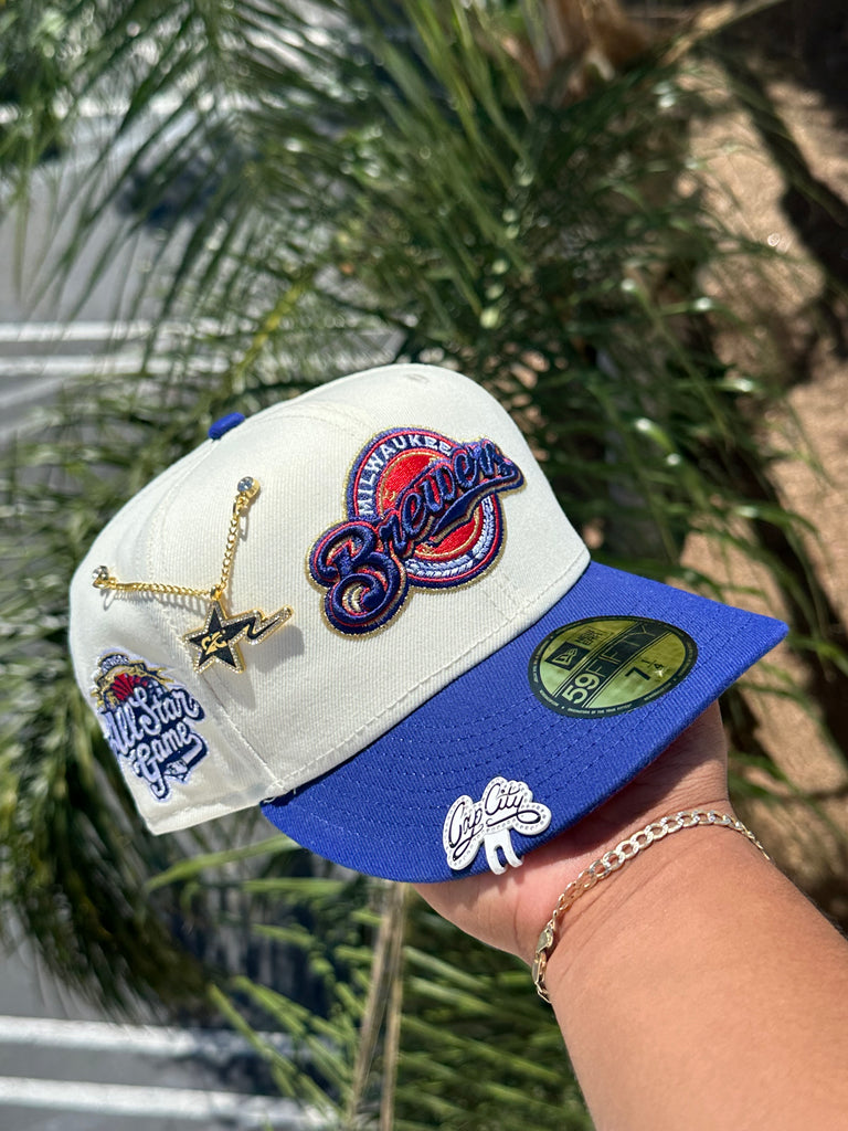 NEW ERA EXCLUSIVE 59FIFTY CHROME WHITE/BLUE MILWAUKEE BREWERS W/ 2002 ALL STAR GAME PATCH (RED UV)