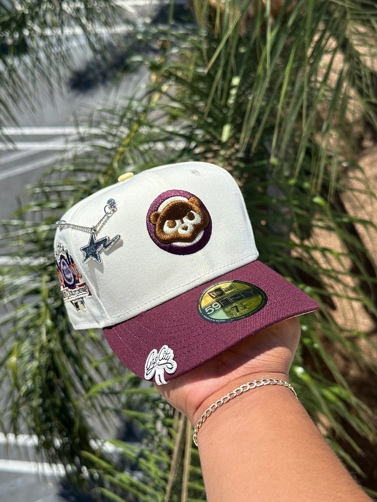 NEW ERA EXCLUSIVE 59FIFTY CHROME WHITE/BURGUNDY CHICAGO CUBS W/ 1990 ALL STAR GAME SIDE PATCH (SOFT YELLOW UV)