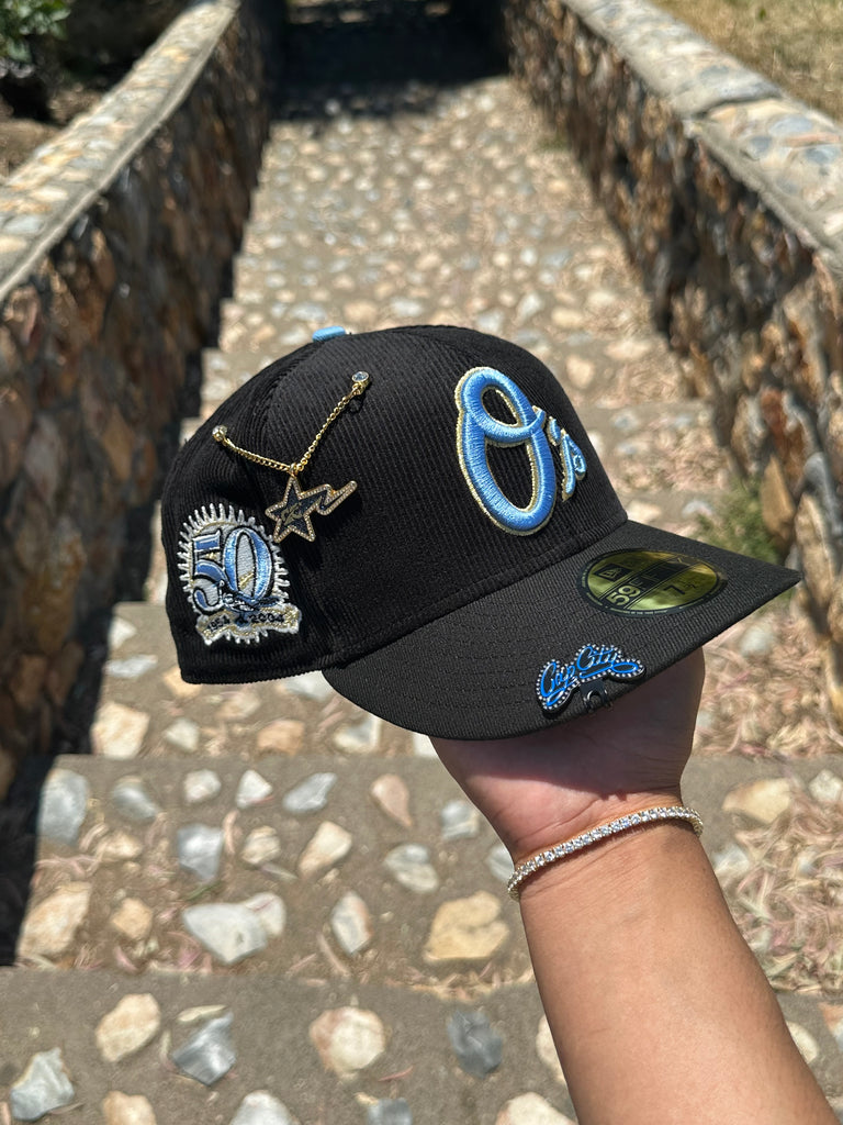 NEW ERA EXCLUSIVE 59FIFTY CORDUROY/BLACK BALTIMORE ORIOLES W/ 50TH ANNIVERSARY PATCH (SKY BLUE UV)