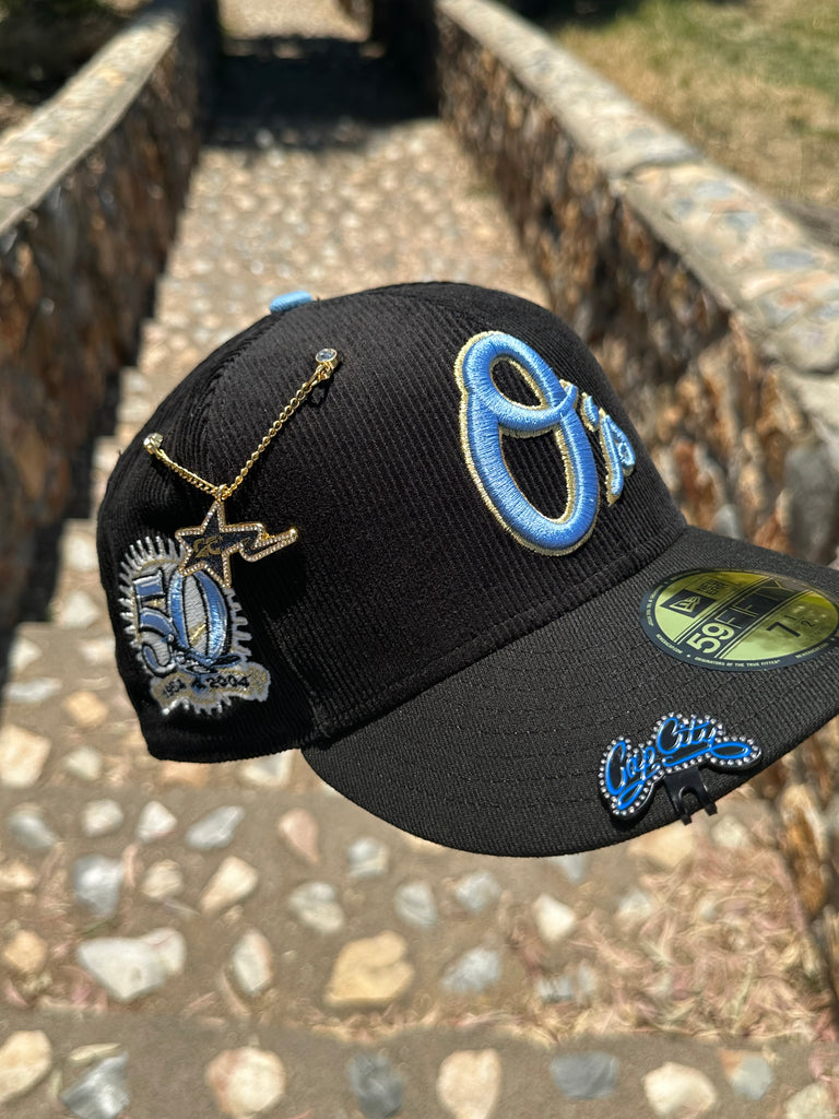 NEW ERA EXCLUSIVE 59FIFTY CORDUROY/BLACK BALTIMORE ORIOLES W/ 50TH ANNIVERSARY PATCH (SKY BLUE UV)