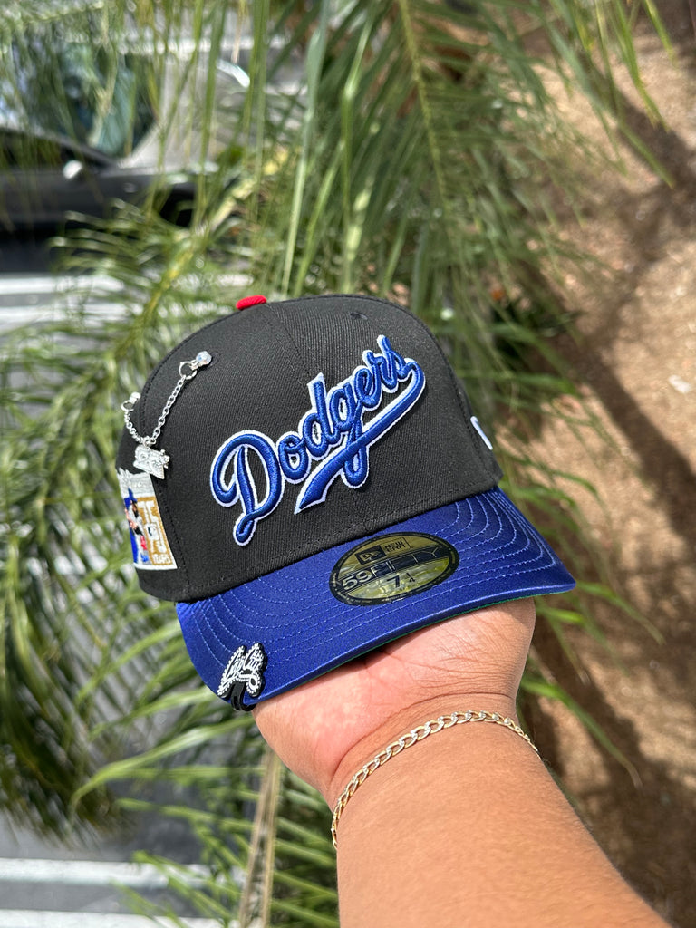 NEW ERA EXCLUSIVE 59FIFTY BLACK/BLUE SATIN LOS ANGELES DODGERS SCRIPT W/ "JACKIE ROBINSON" SIDE PATCH (GREEN UV)