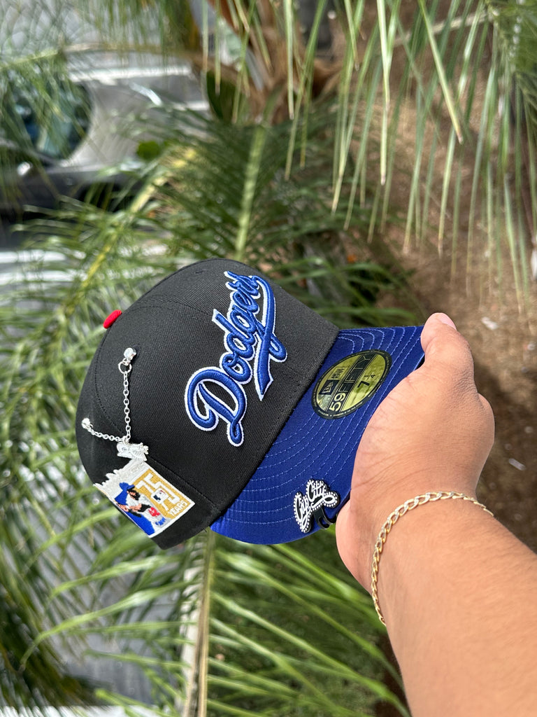 NEW ERA EXCLUSIVE 59FIFTY BLACK/BLUE SATIN LOS ANGELES DODGERS SCRIPT W/ "JACKIE ROBINSON" SIDE PATCH (GREEN UV)
