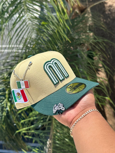NEW ERA EXCLUSIVE 59FIFTY VEGAS GOLD/GREEN MEXICO TOWO TONE W/ MEXICO FLAG SIDE PATCH (GREY UV)