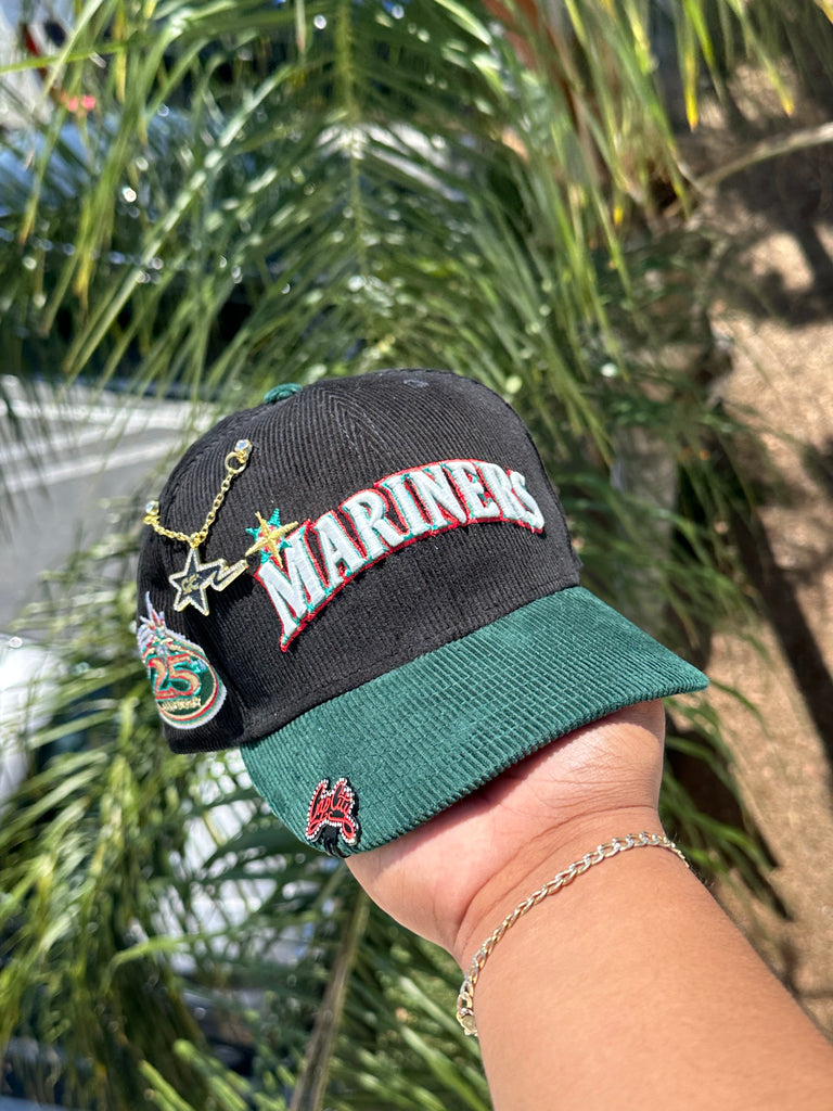 NEW ERA EXCLUSIVE 59FIFTY BLACK/GREEN CORDUROY SEATTLE MARINERS SCRIPT W/ 25TH ANNIVERSARY SIDE PATCH (RED UV)