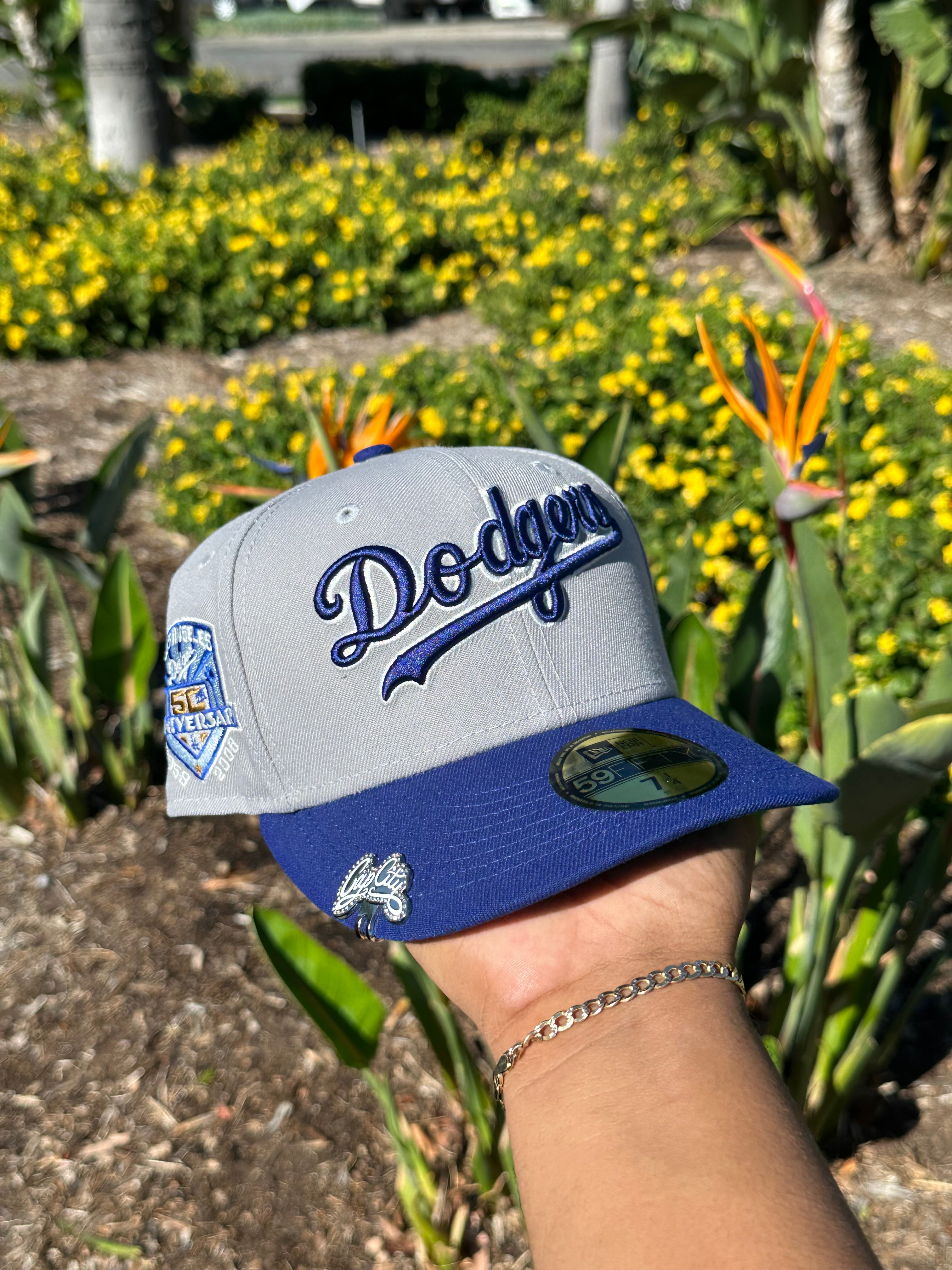NEW ERA EXCLUSIVE 59FIFTY GREY/BLUE LOS ANGELES DODGERS SCRIPT TWO TONE W/ 50TH ANNIVERSARY PATCH