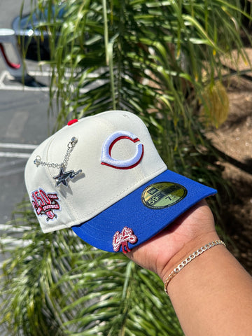 NEW ERA EXCLUSIVE 59FIFTY CHROME WHITE/BLUE CINCINNATI REDS W/ 150TH ANNIVERSARY PATCH (RED UV) VERY LIMITED