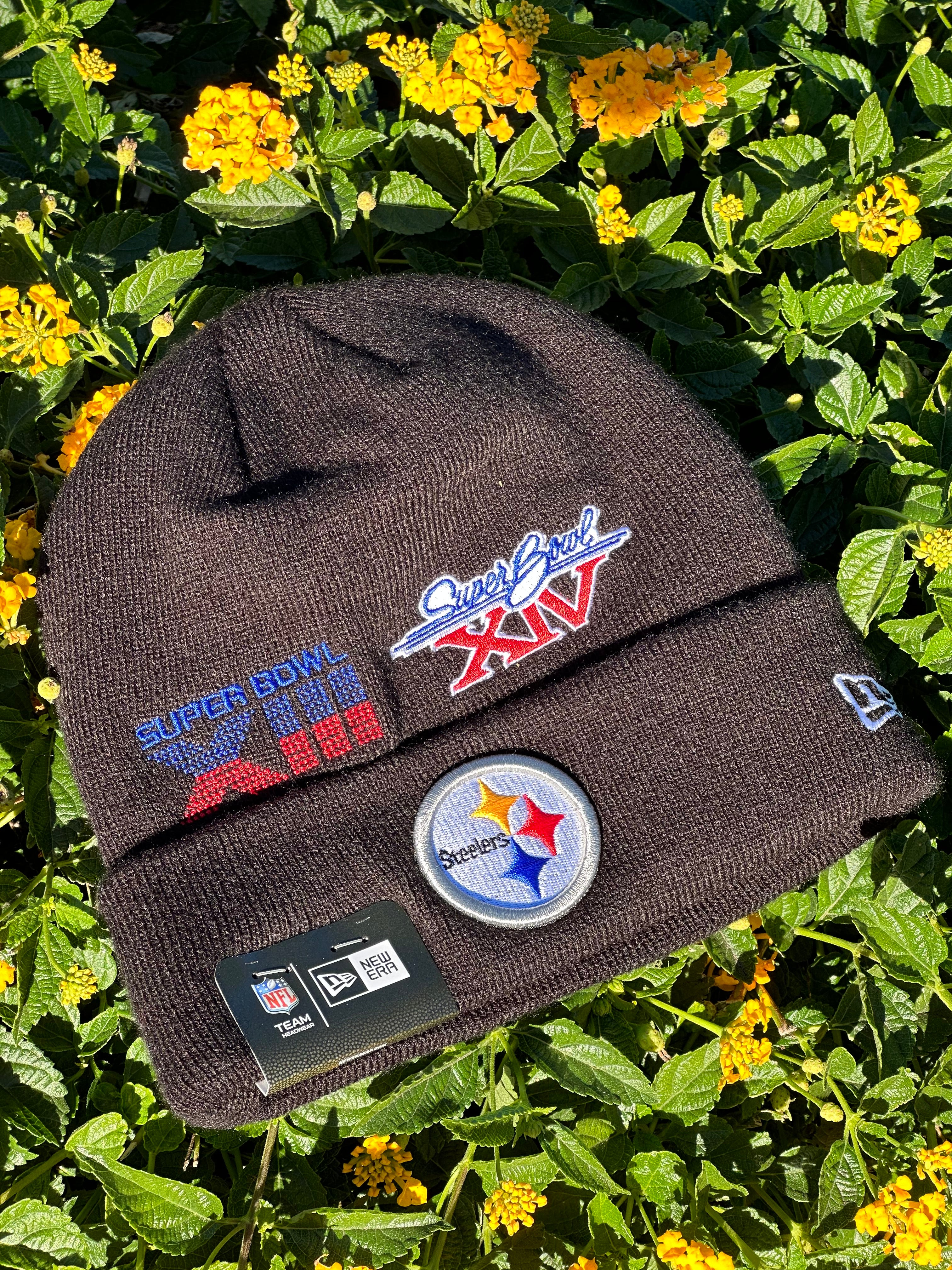 NEW ERA EXCLUSIVE BLACK PRO-KNIT PITTSBURGH STEELERS BEANIE W/ SUPERBOWL PATCHES