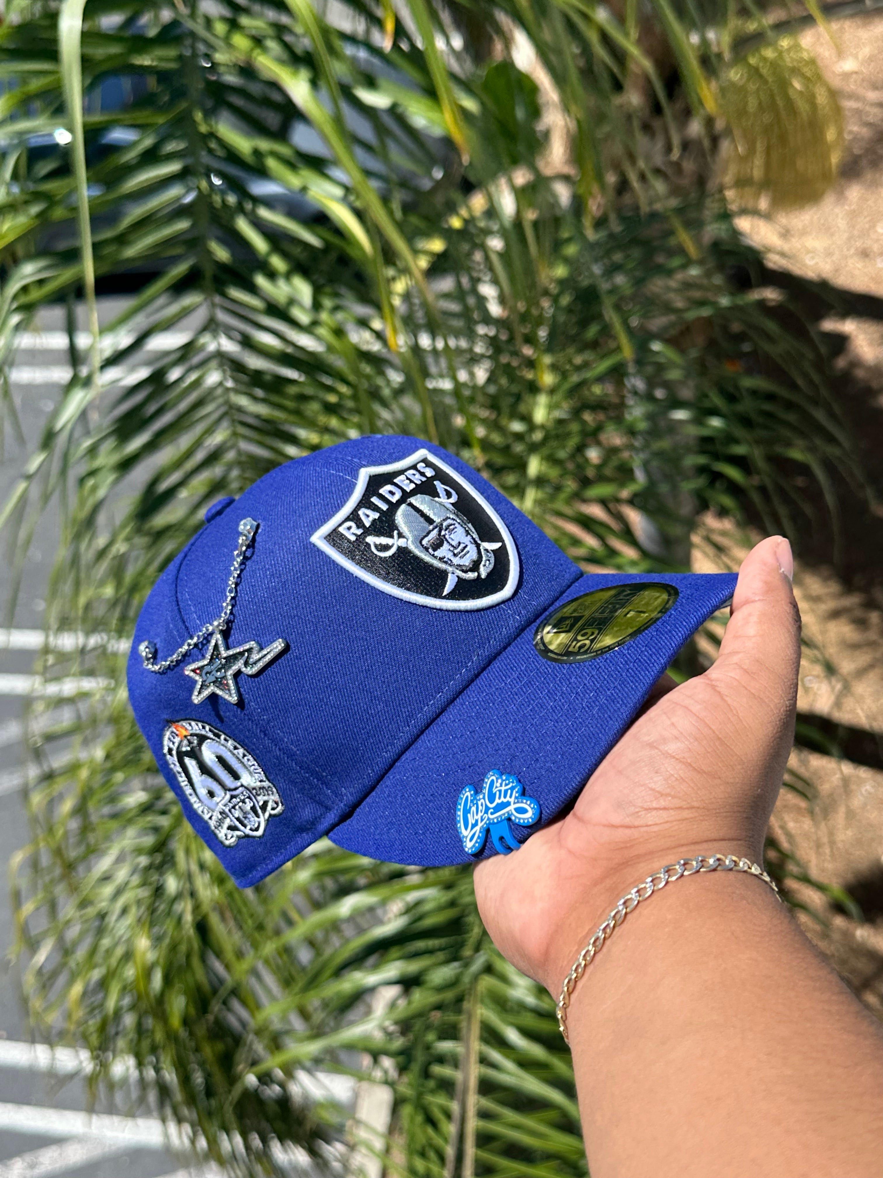 NEW ERA EXCLUSIVE 59FIFTY BLUE LAS VEGAS RAIDERS W/ 60TH ANNIVERSARY SIDE PATCH